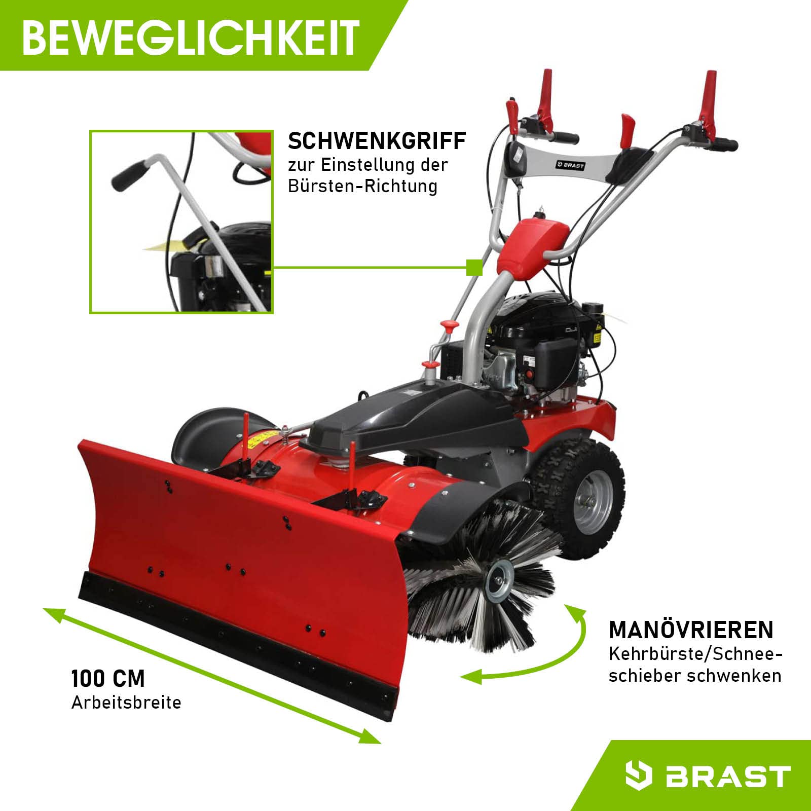 BRAST Kehrmaschine Benzin | Laubsammler Schneeschieber | XXL Premium | 4,8kW(6,5PS) - 5,14kW(7PS) | viele Modelle | 80-100cm Arbeitsbreite | Elektrostart | Schneeketten | 3in1 Gerät