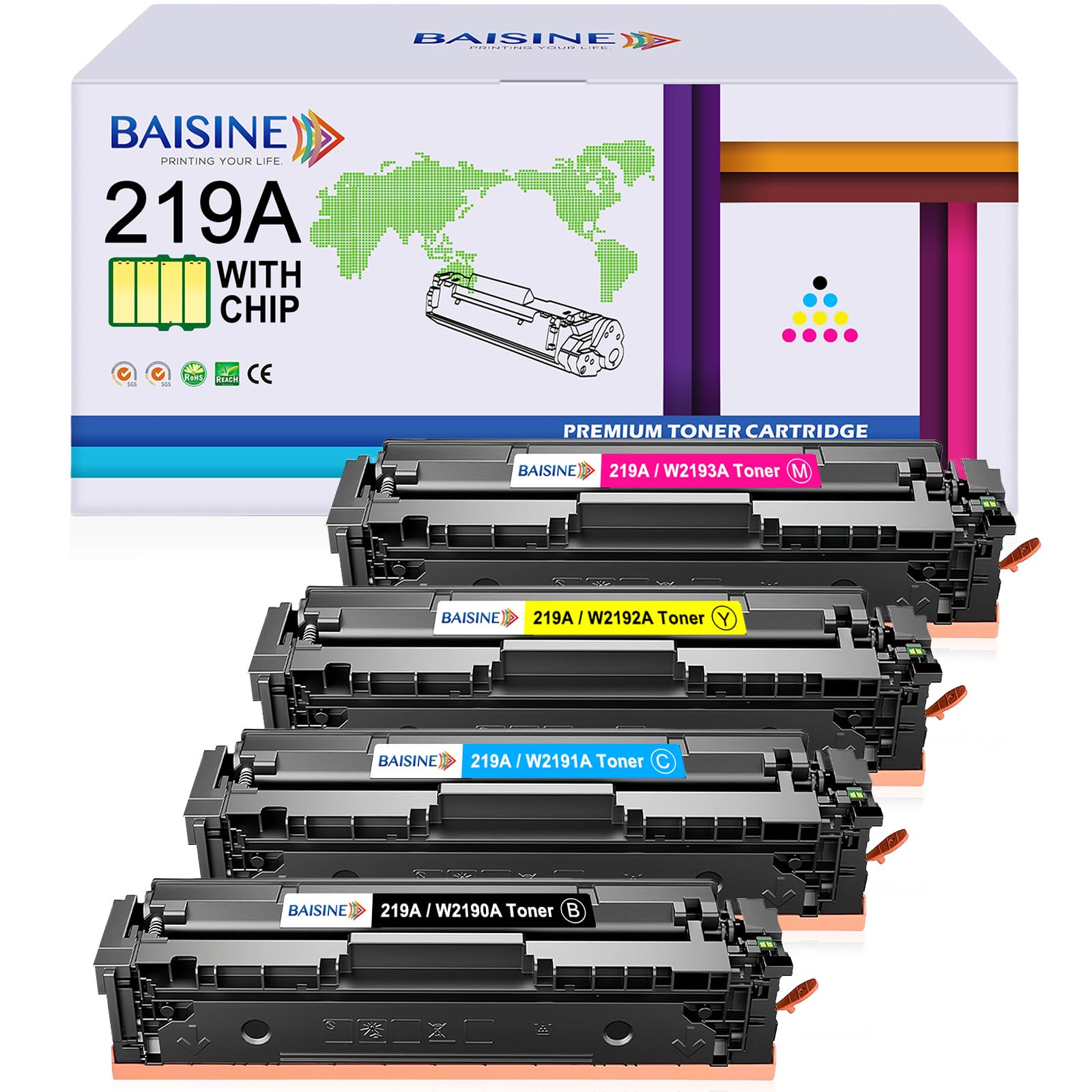 BAISINE 219A Toner Con Chip Compatibile con HP 219A W2190A per HP Color Laserjet Pro MFP 3302FDWG Toner MFP 3302SDWG 3302FDNG 3302FDW 3302SDW 3302FDN 3202DW 3202DN (4 Pezzi, Nero Ciano Magenta Giallo)