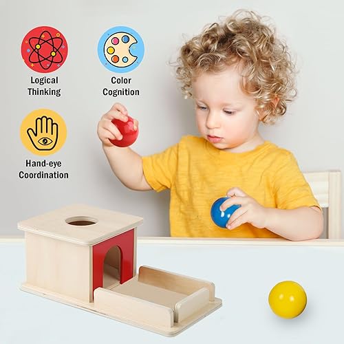 Miniatura 2 de Adena Montessori Juguete de madera para bebés de 6 a 12 meses, 3 bolas, caja de permanencia de objetos con puerta roja, juguete educativo colorido