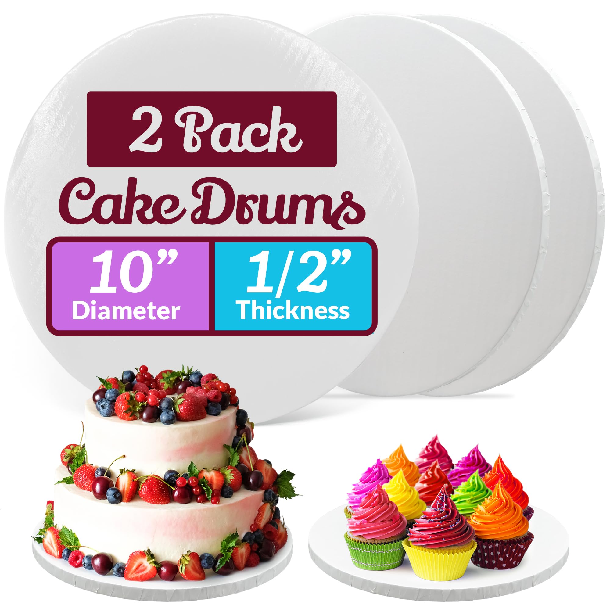 Reli. Cake Boards Drum 10 Inch (2 Pack) | White Cake Drums 10 Inch Round | 1/2" Thick Greaseproof Rounds | Smooth, Double Walled | Dessert (1/2" Thick