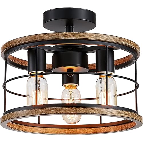 LOOYD Semi Flush Mount Ceiling Light Fixture Metal 3 Light Farmhouse Ceiling Light Industrial Chandelier for Kitchen Dining Room Bedroom Hallway Entryway(Wood Grain)