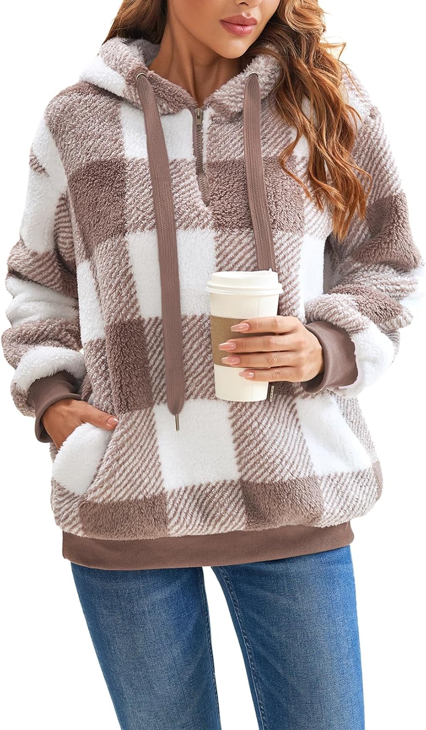 Nirovien Womens Sherpa Pullover Oversized Fuzzy Hoodie Double Fleece Sweatshirts Fluffy Plaid Outerwear Warm Coats - Image 3