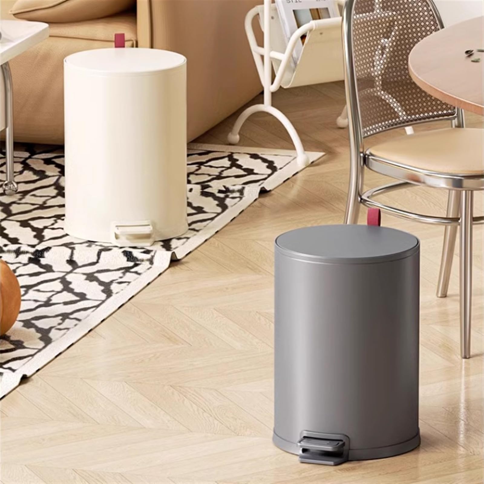 Papelera de Escritorio Cubo de Basura Redondo de Acero Inoxidable con Tapa de Cierre Suave, Pedal y Cubo Interior extraíble, 8/10/15 litros Cubo de Basura(Milk White,L)