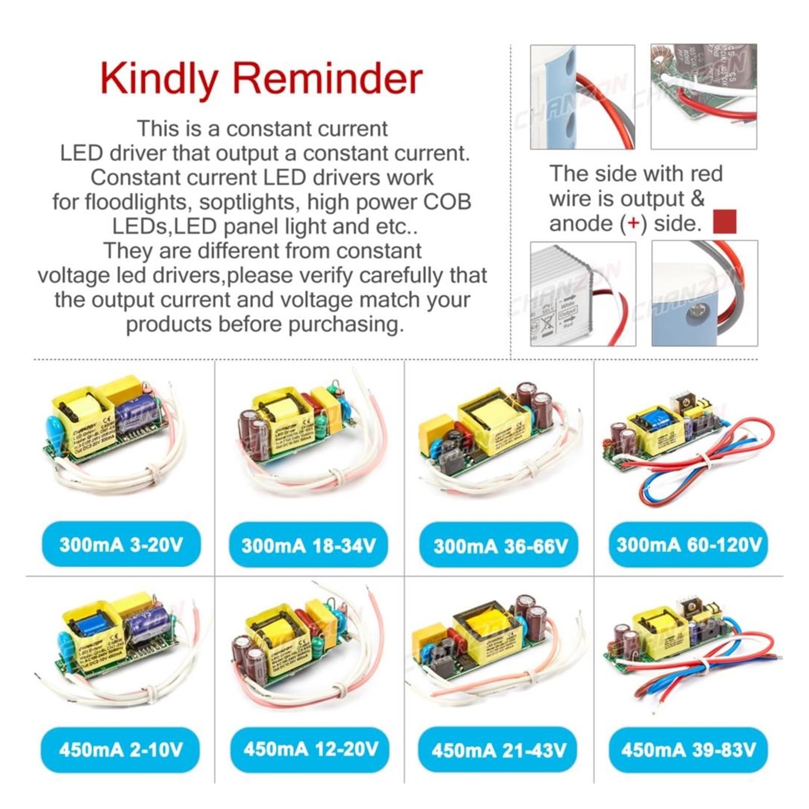Sterownik LED, Sterownik LED o stałym prądzie 1W 3W 5W 10W 20W 30W 50W 300mA 450mA 600mA 900mA 1500mA Transformator oświetleniowy izolacyjny AC DC(600mA 60 to 85V)
