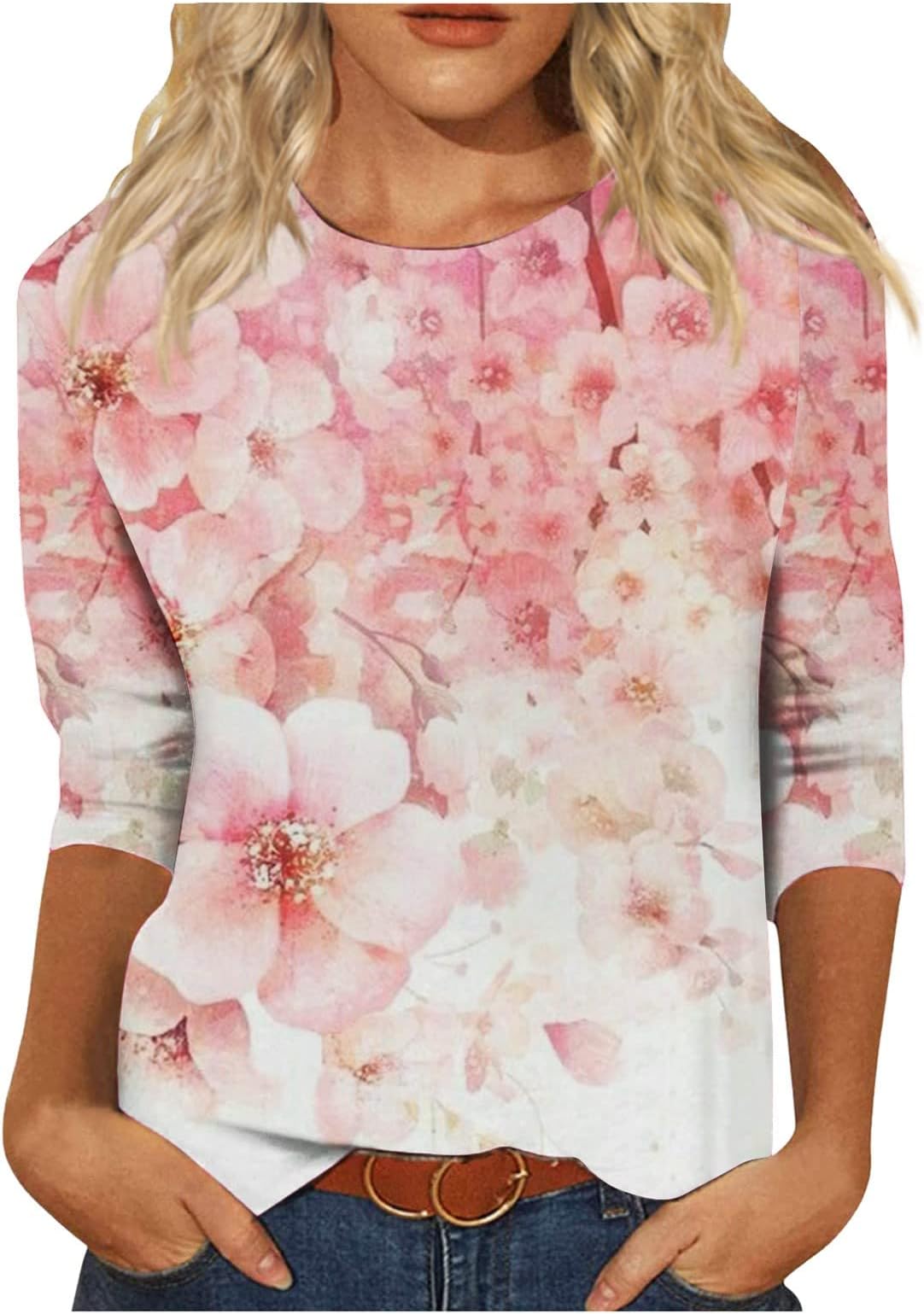 Women's Summer Top Print 3/4 Sleeve Floral T-Shirt Slim Top Casual Tops Blouses 2023