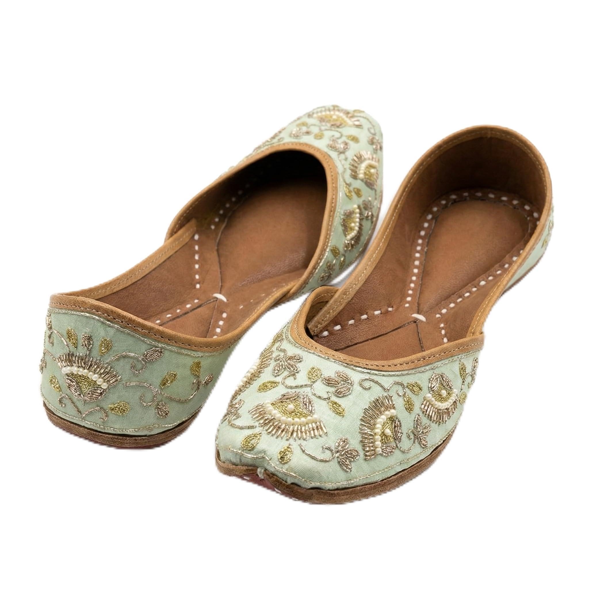 vesora Meher Mint Green & Gold Embroidered Punjabi Jutti for Women | Handcrafted with Sequin & Thread Detailing | Model C2-picture-26