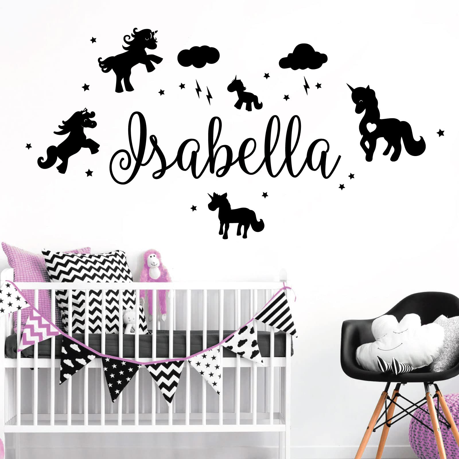 Unicorns, Stars & Clouds - Personalised Name Girls Wall Art Sticker [Medium] [Black]