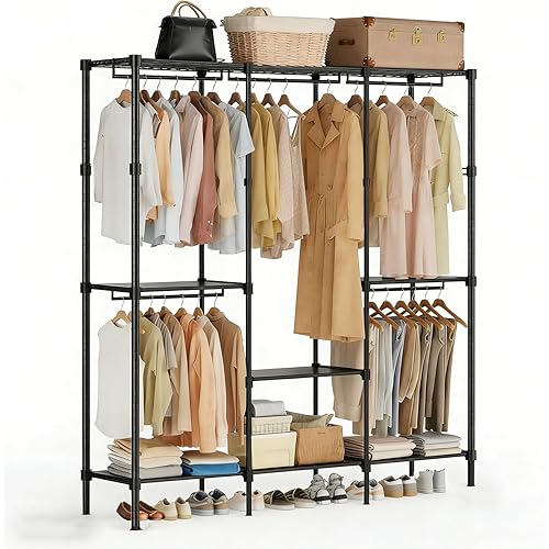 Simple Deluxe Rolling Clothes Rack, Heavy Duty Clothing Rack, 4-Shelf Portable Adjustable Wardrobe Closet with Wheels, Hanging Rods, 74.2" W x 15.5" D x 77.1" H, Black