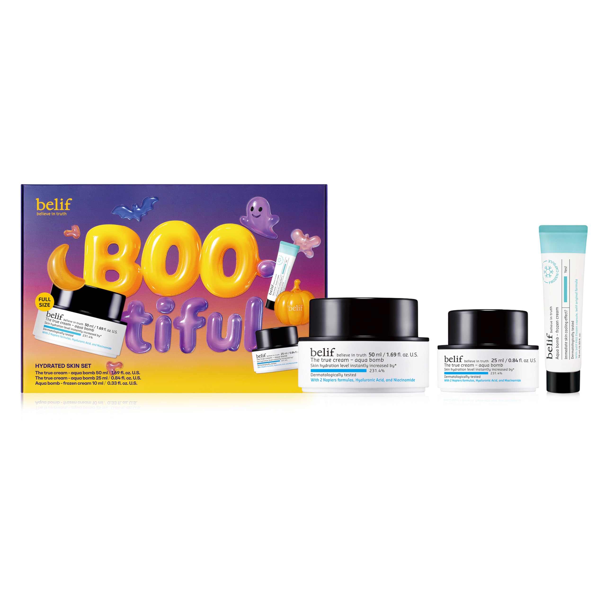 belif Aqua Bomb BOO-tiful Hydrated Skincare Set: Korean Skincare Set with Aqua Bomb Moisturizer, Frozen Cream, 2-Step Skincare for All Skin Types