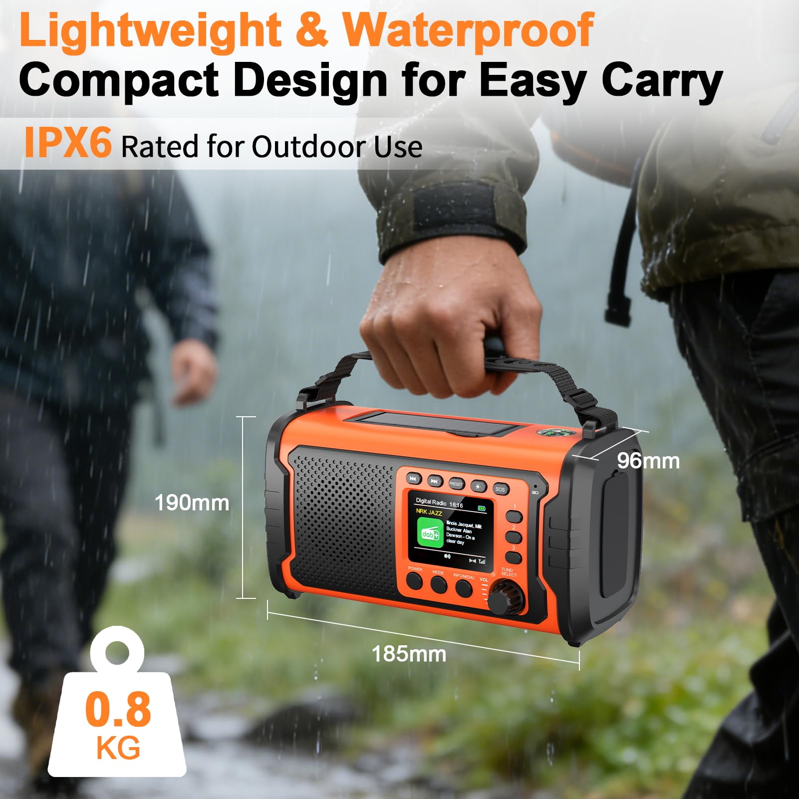Radio di Emergenza DAB+/FM 20000mAh con Powerbank, Solare e Manovella | Bluetooth 5.3, SOS, Torcia e Luce da Lettura per Casa, Campeggio, Camper e Blackout, Arancione