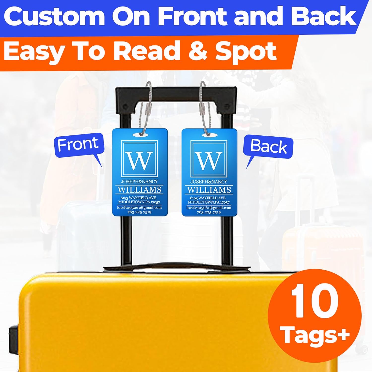 10 PCS Personalized Luggage Tags, Custom Engraved Aluminum Luggage Tags for Family, Metal Luggage Tags for Suitcases, Backpack, Custom Solid Brass Luggage Tag with Strap, Two Sided Engraving (Blue) - Image 4