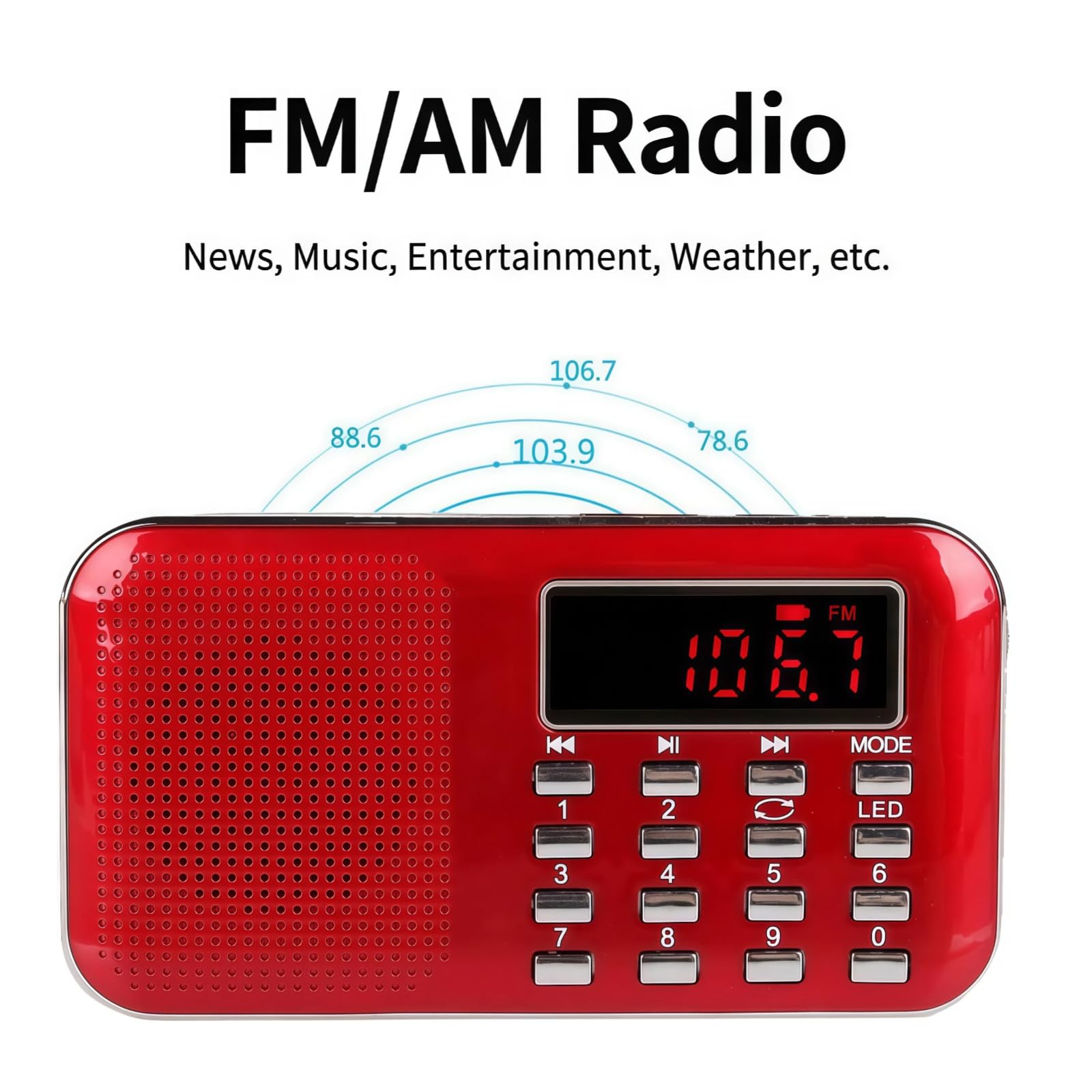 Raddy RF23 Radio Portable FM/AM Rechargeable avec Lampe de Poche, Grand Écran LCD, Lecteur MP3 Micro SD/USB, Batterie 800mAh, Rouge