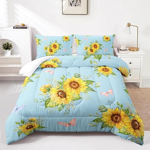 Miniatura 2 de Juego de edredón azul girasol tamaño individualmatrimonial para mujeres adultas, juego de ropa de cama floral de mariposa de 3 piezas, edredones de