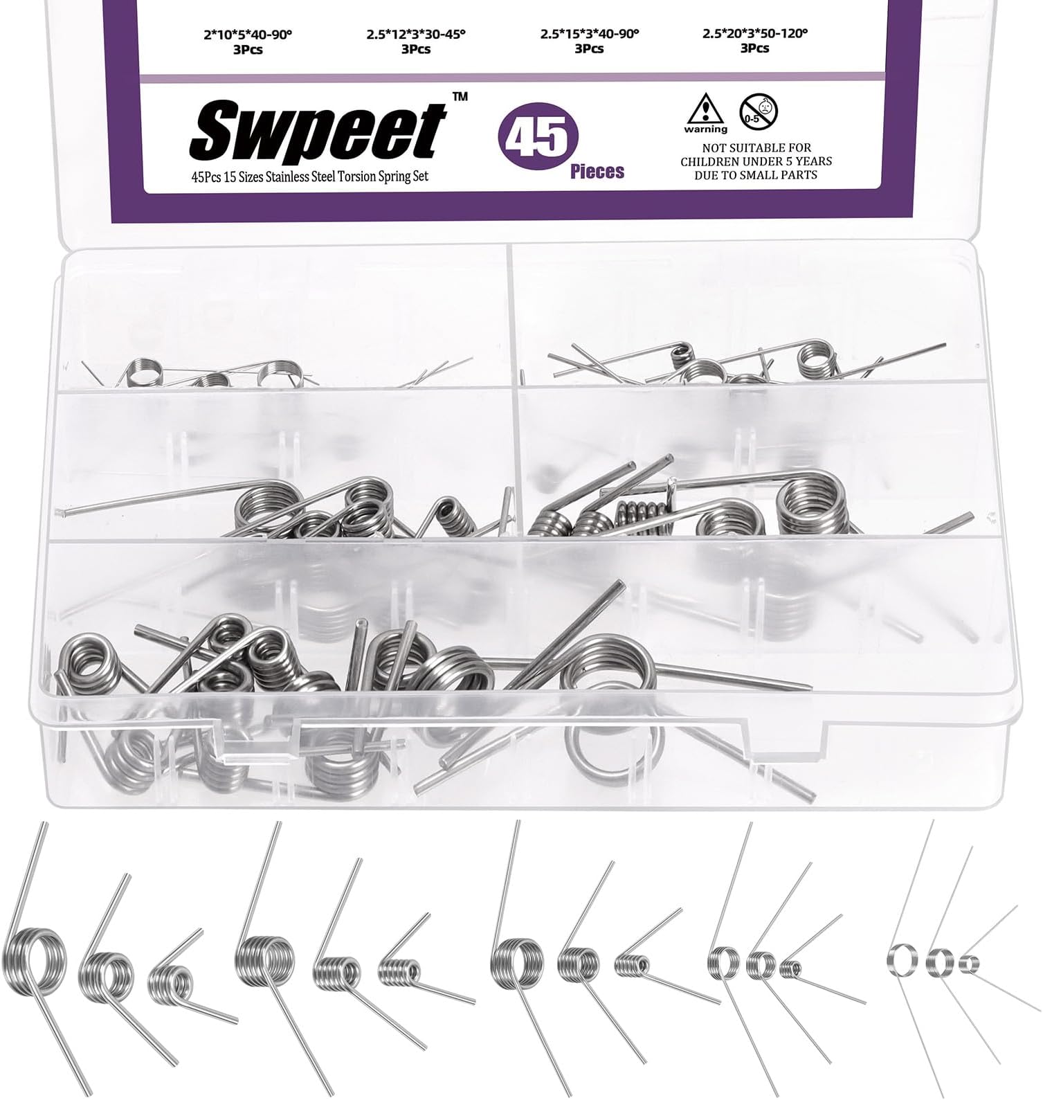 Swpeet 45Pcs 15 Sizes 45/90/120 Degree Stainless Steel Torsional Springs Assortment Kit, Mechanical Small Torsion Spring for Home Repair Woodworking DIY Project