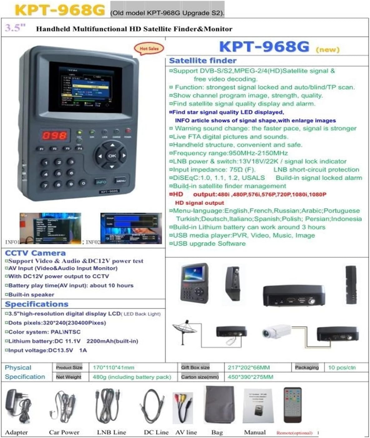 TV Signal Finder Meter, Digital Satllite Finder 3.5Inch TFT LED Handheld Multifunctional Satellite Finder&Monitor KPT-968G,for Adjusting Sat TV Dish