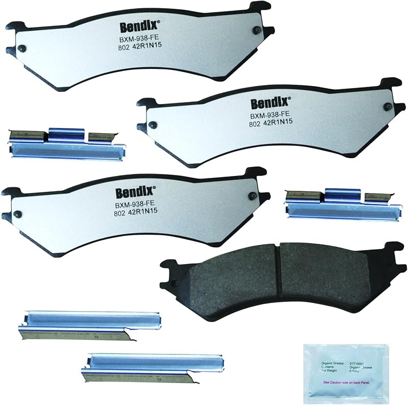 Pastilhas de freio traseiras semimetálicas Bendix Fleet Metlok MKD802FM para Ford E-Series – Jogo com ferragens