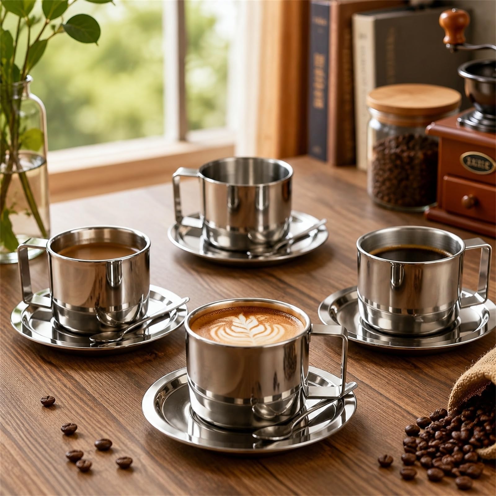 ZENFUN Zestaw 4 filiżanek do kawy ze stali nierdzewnej, kubki do espresso, kubki do kawy z podwójnymi ściankami, naczynia do latte, cappuccino, mleka, herbaty, 4 szt