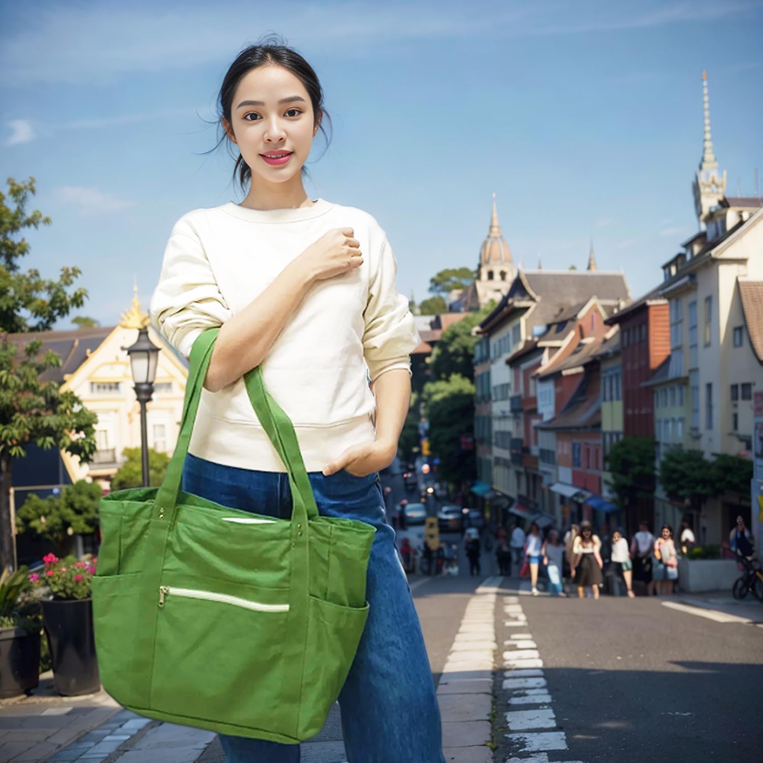 Large Canvas Tote Bag for Women with Zipper & Compartments, Crossbody Laptop Bags for Work College Travel - Image 2