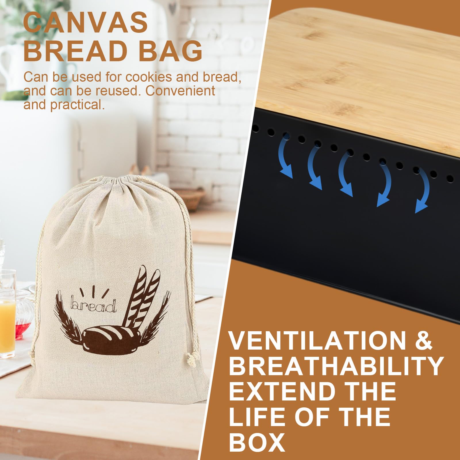 Joyan Panera Metálica con Tapa de Bambú y Bolsa de Algodón - Caja de Pan de Diseño Moderno con Ventilación para Mayor Frescura - Paneras para Guardar el Pan y Bollería en la Cocina