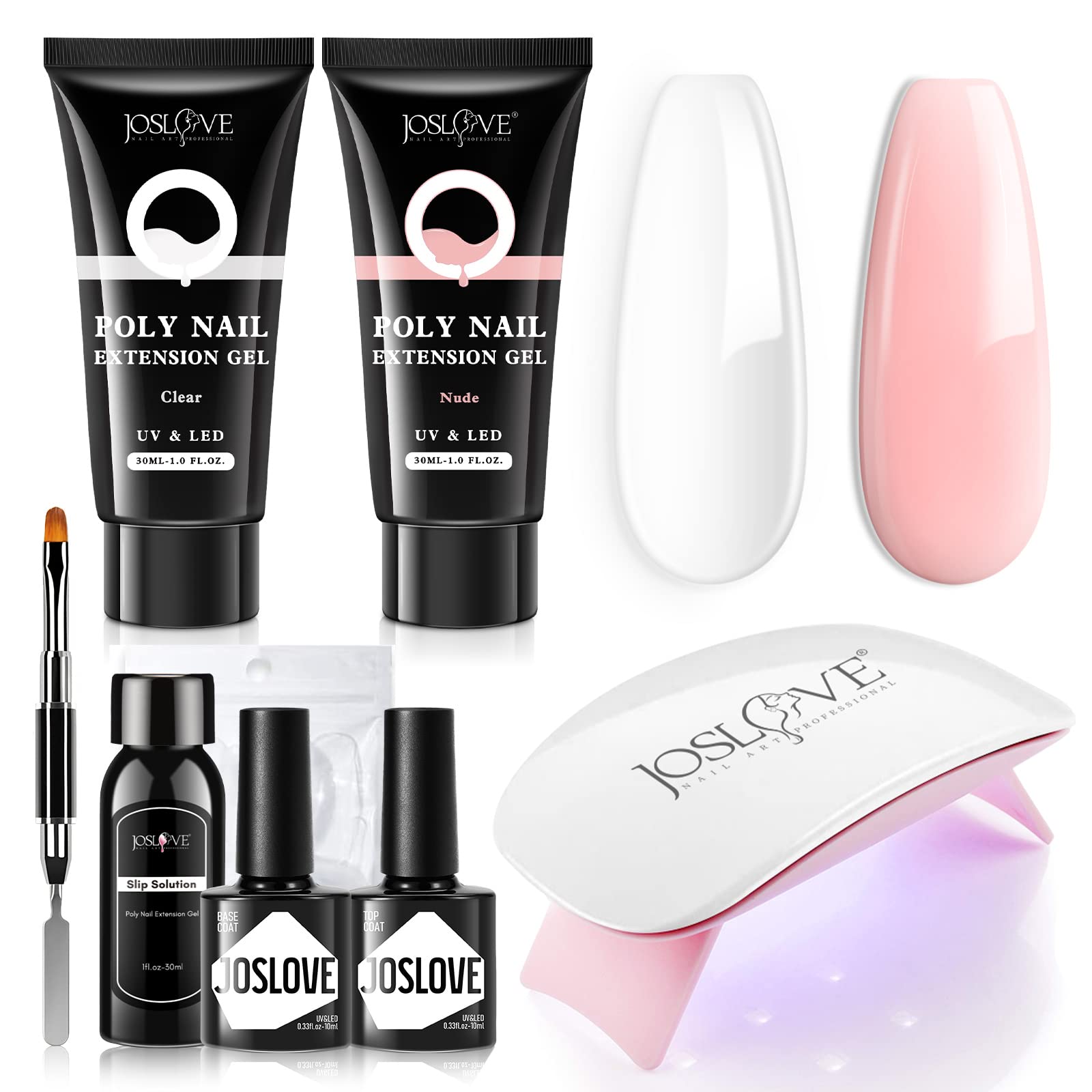 Photo 1 of 2 packs of JOSLOVE Poly Nail Gel Kit, 30g 2PCS Poly Nail Gel Kits with UV Light Starter Kit Clear Nude Colors with Poly Brush Slip Solution Nail Forms Base Top Coat Nail Manicure All-in-one Kit Salon Easy DIY at Home Beginner Kit 2-Clear Nude