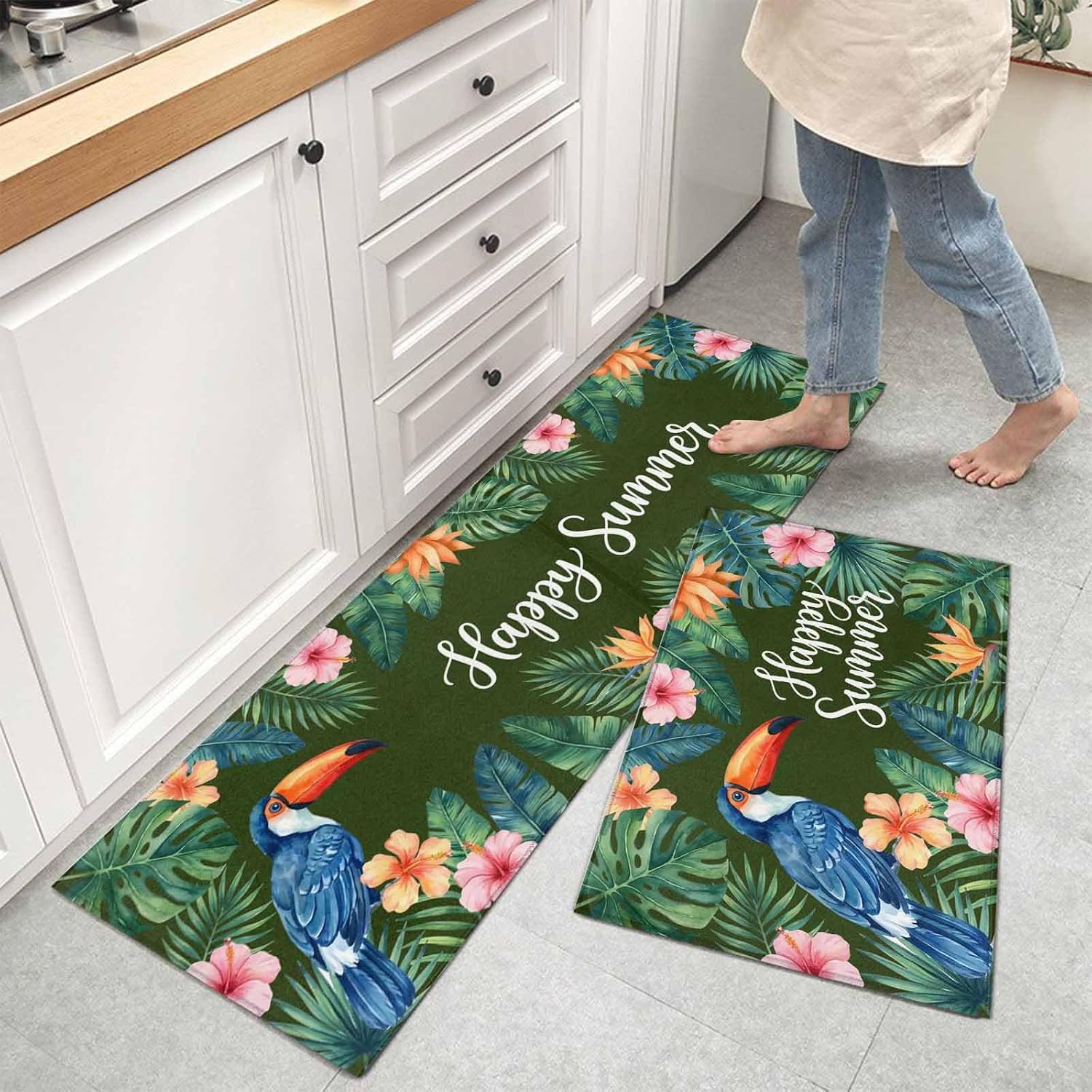 Kitchen Mats for Floor Summer Flower Monstera Leaf Washable Non Slip Kitchen Rugs 2PCS, Tropical Blossom Floral Leaves Absorbent Standing Mats for Sink Office Living Room 15.7x23.6in+15.7x47.2in