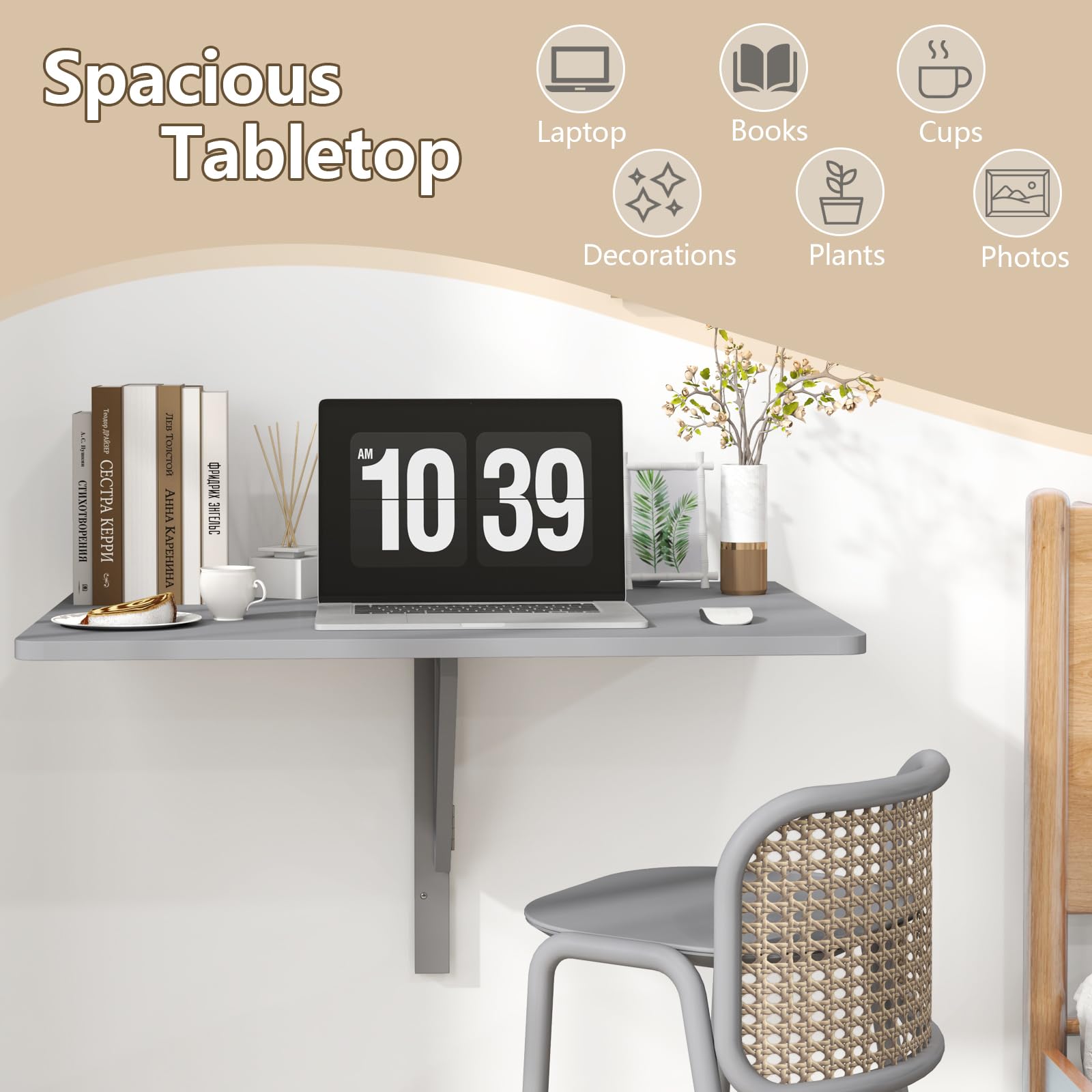 GIANTEX Wandklapptisch klein, Wandtisch Hängetisch Klappbar 80x60cm, Wandmontierter Klapptisch Esstisch, Schreibtisch Laptoptisch Wand platzsparend (Grau)