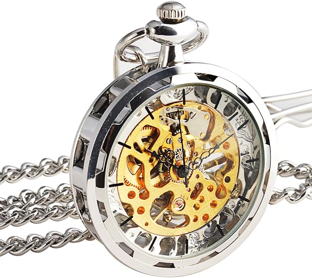 SIBOSUN Pocket Watch - Open Face Silver Vintage Steampunk Skeleton See Through Mechanical Chain