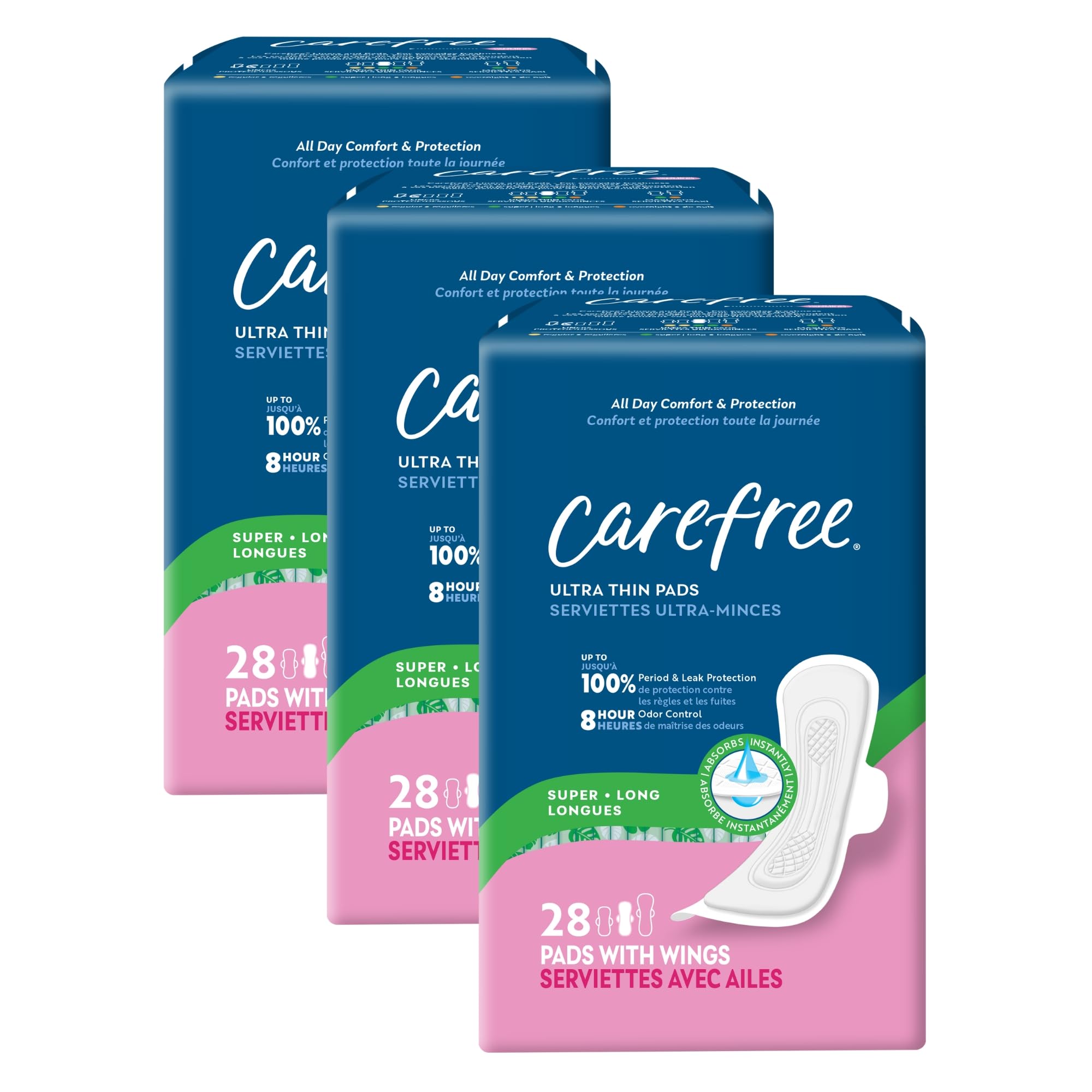 Carefree Ultra Thin Pads for Women, Super/Long Pads with Wings, 84ct (3 Packs of 28ct) | Carefree Feminine Care, Period Care & Postpartum | 84ct (3 Packs of 28ct)