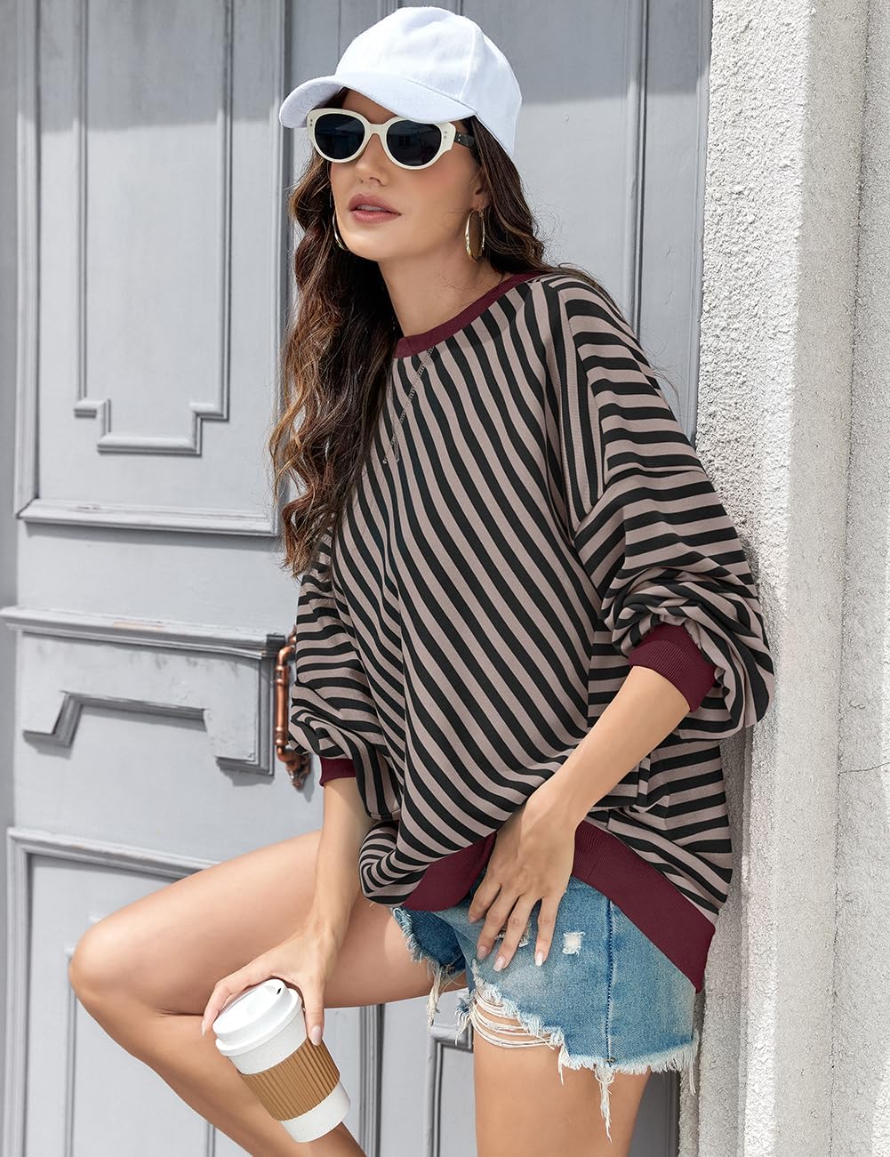 UEU Women's Striped Oversized Sweatshirt Long Sleeve Crewneck Shirts Y2K Pullover Hoodies 2025 Fall Fashion Outfits Clothes - Image 3