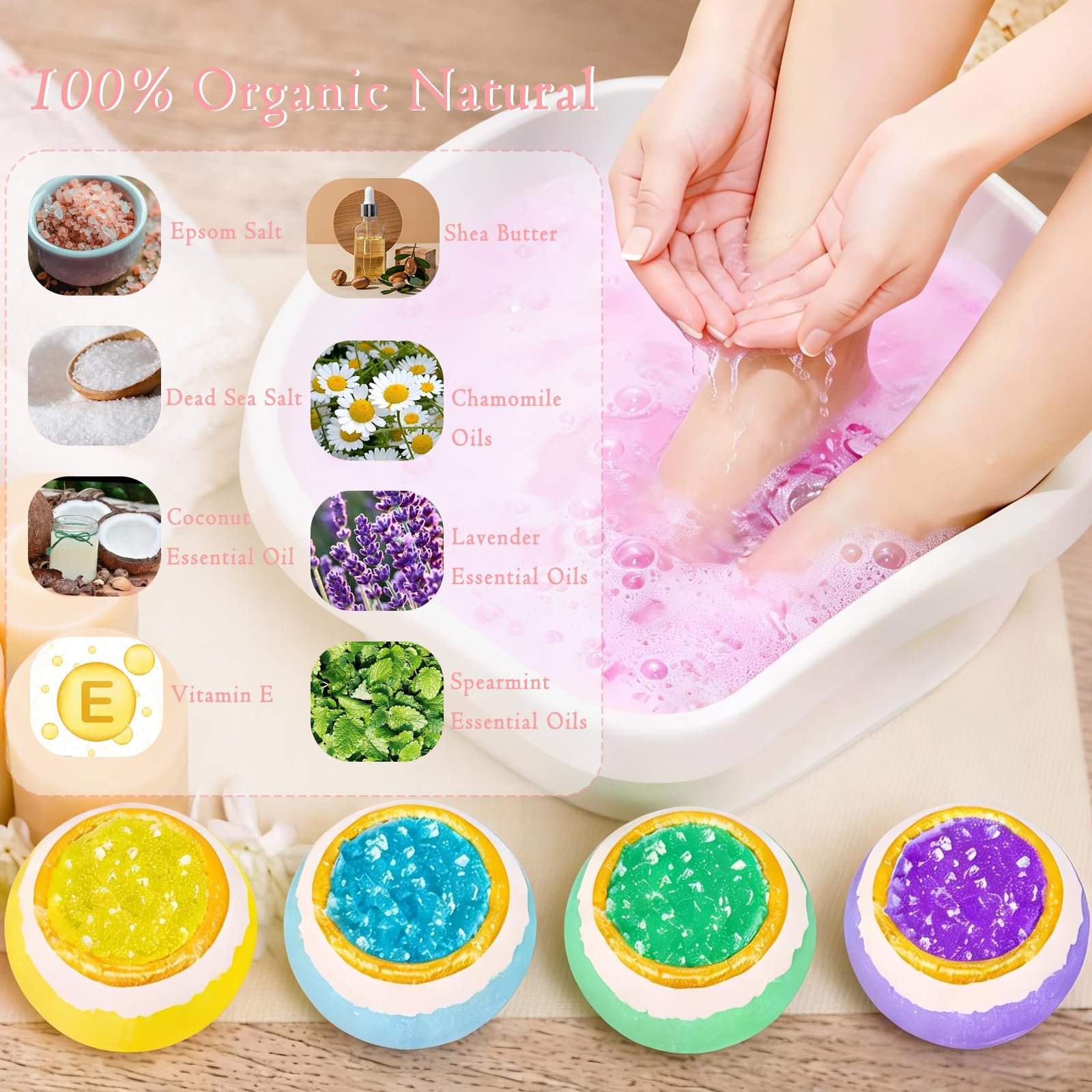 Bombas de baño para pies, paquete de 20 unidades con sal de baño. Aroma orgánico natural hecho a mano, bolas de burbujas de aceite esencial puro para callos de pie, agrietado seco, aroma persistente