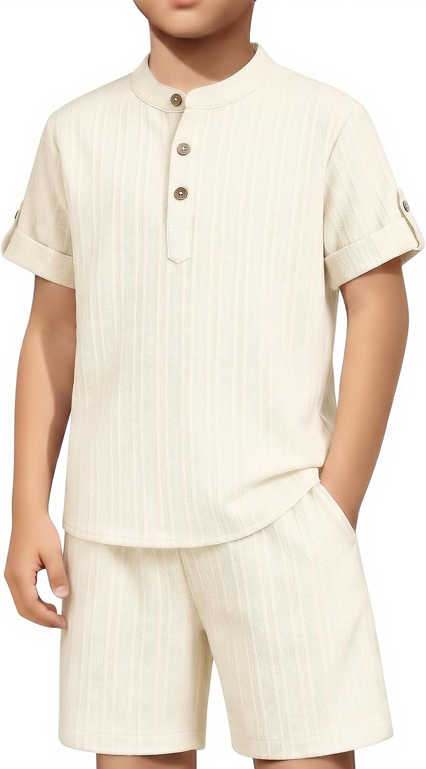 Arshiner Boys 2 Pieces Set Textured Henley Shirts & Shorts Set 4-12 Years