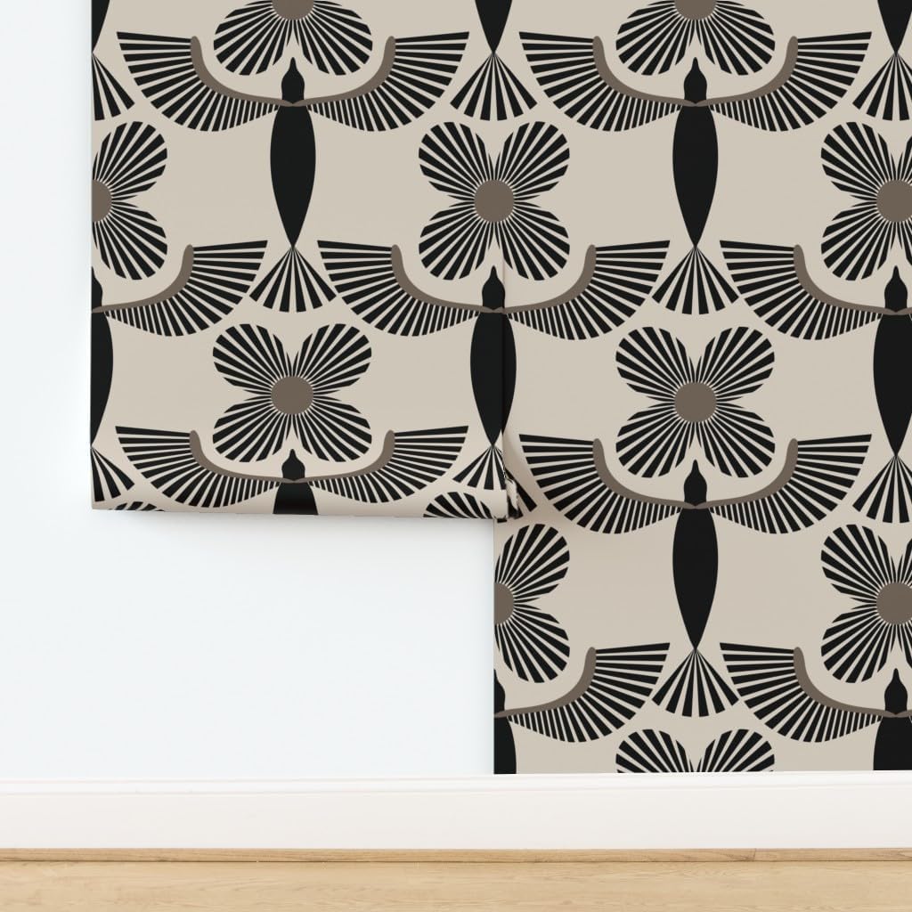 Spoonflower Removable Wallpaper 6ft x 2ft - Bold Birds Minimal Color Black Cream Flowers Egyptian Mod Custom Pre-Pasted Wallpaper