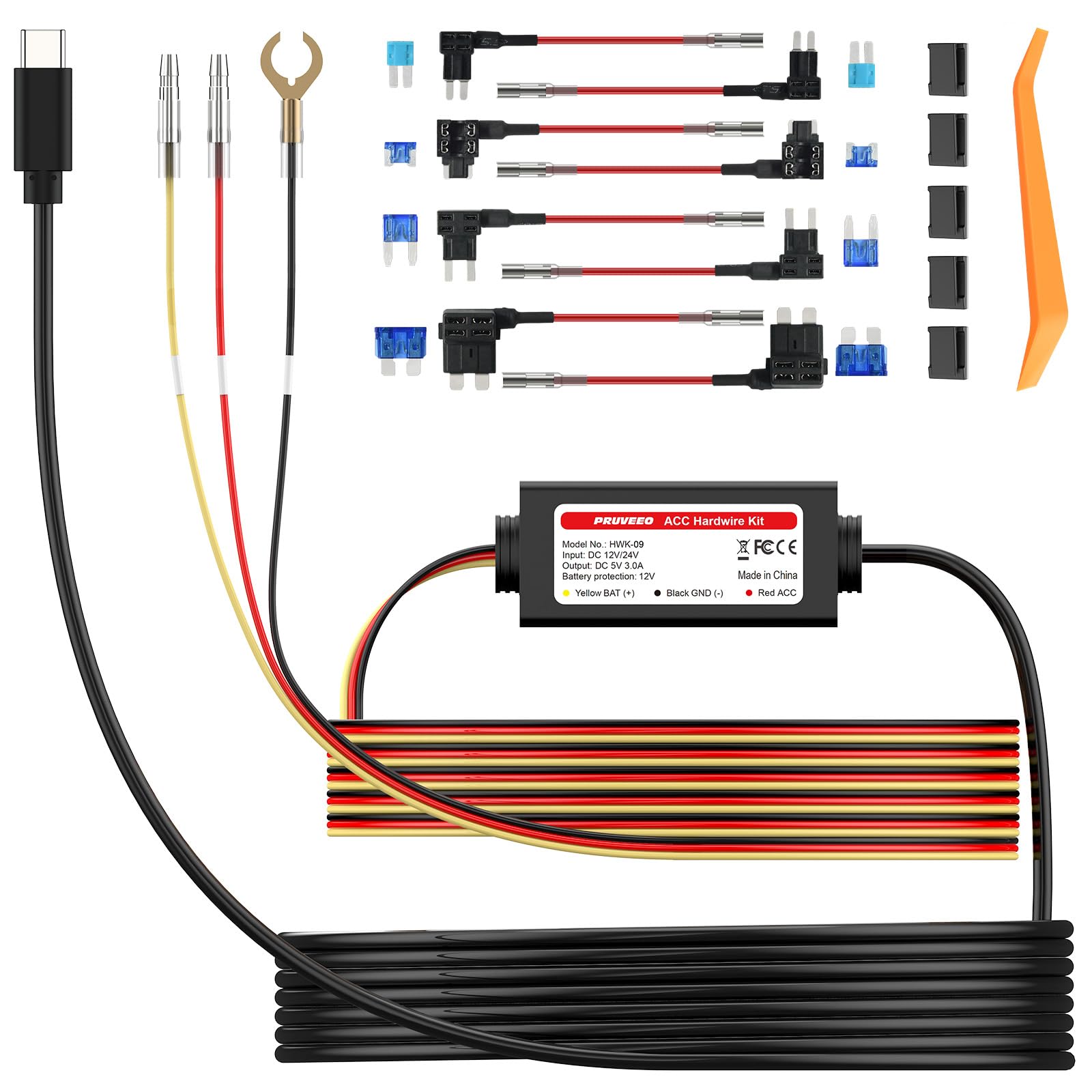 PRUVEEO Type-C Smart Acc Hardwire Kit for Dash Cam, Enables Parking Mode Monitor, Converts 12V-30V to 5V/3A, Low Voltage Protection, LED Indicator