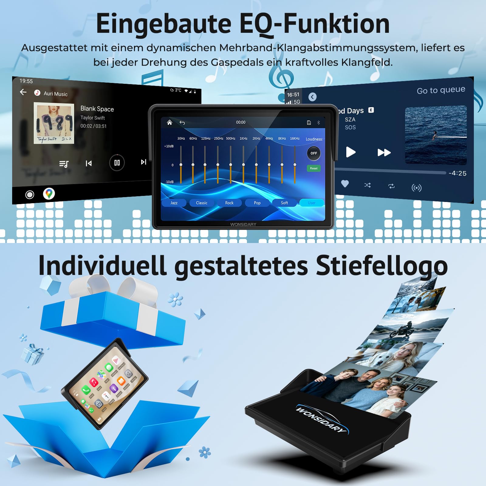 W522TPMS 5 Zoll Motorrad CarPlay Display mit TPMS & Android Auto | Motorrad Navi Display mit IP67 Wasserdichtes ,Dual Bluetooth, Sprachsteuerung, EQ，USB & ACC Anschluss für Motorrad Reisen