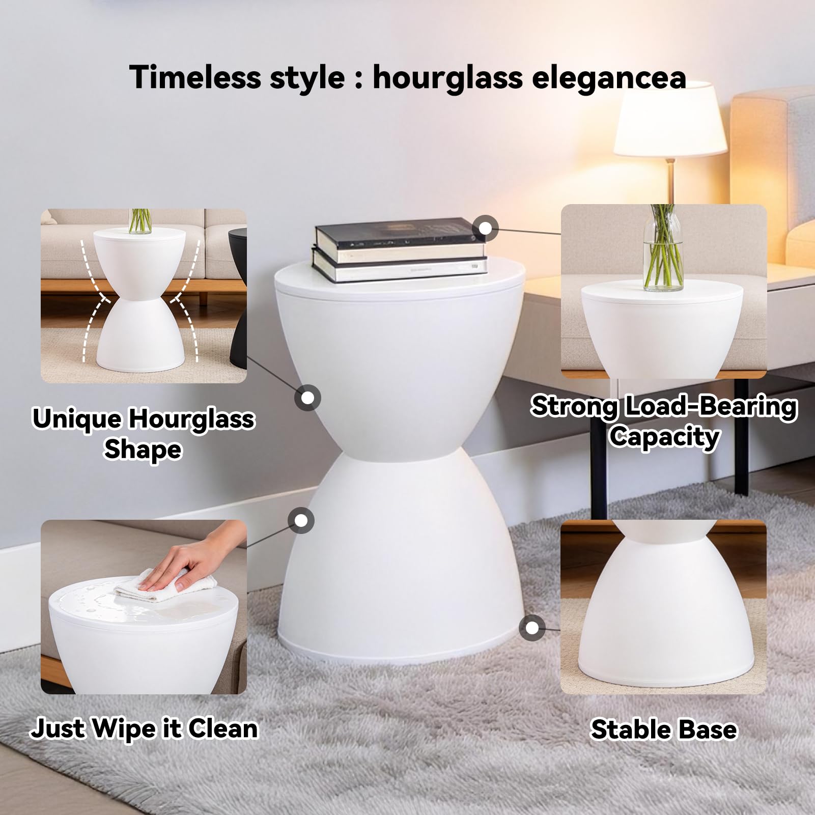 Sgabello con Accento a Forma di Clessidra, Tavolino Moderno Sgabello Rotondo per Attirare L'attenzione Cambio di Scarpe per Uso Domestico (Bianco)