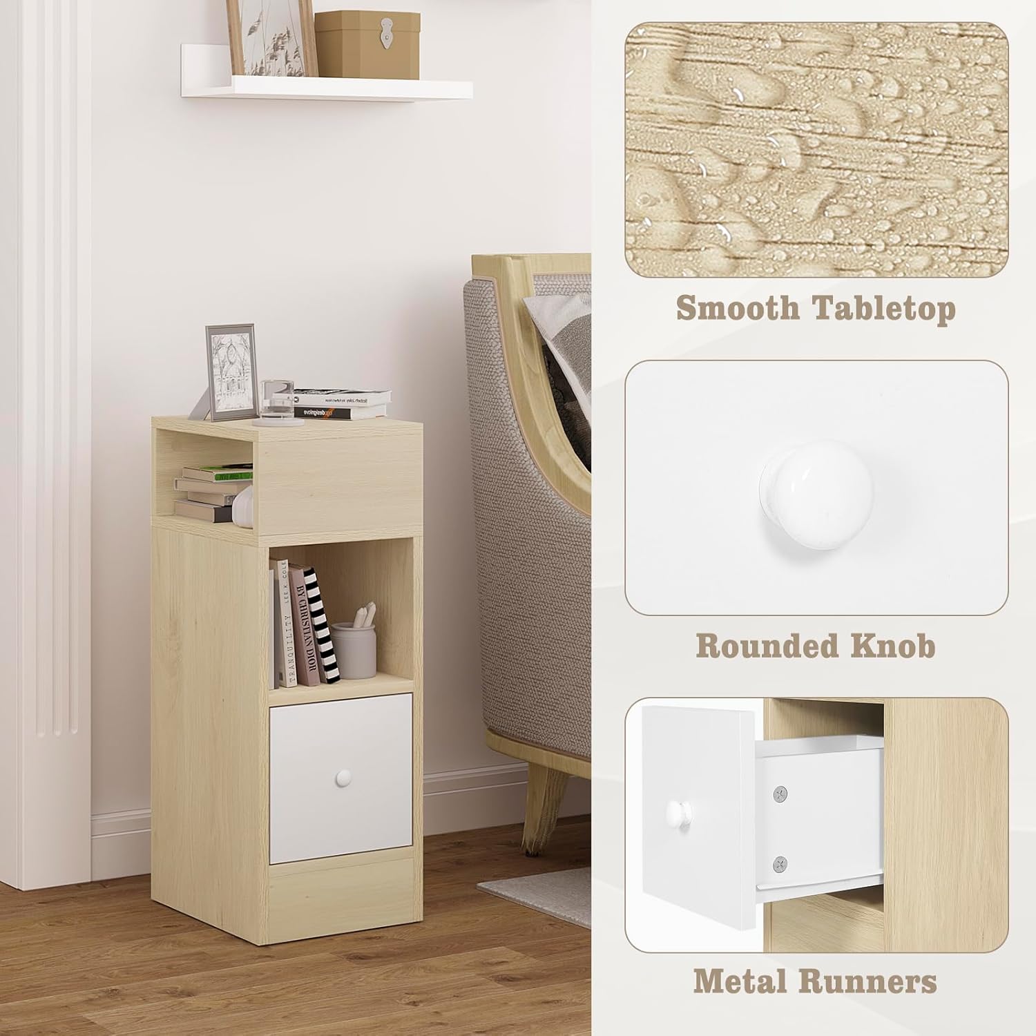 Close-up of table features: smooth tabletop, rounded knob, metal runners