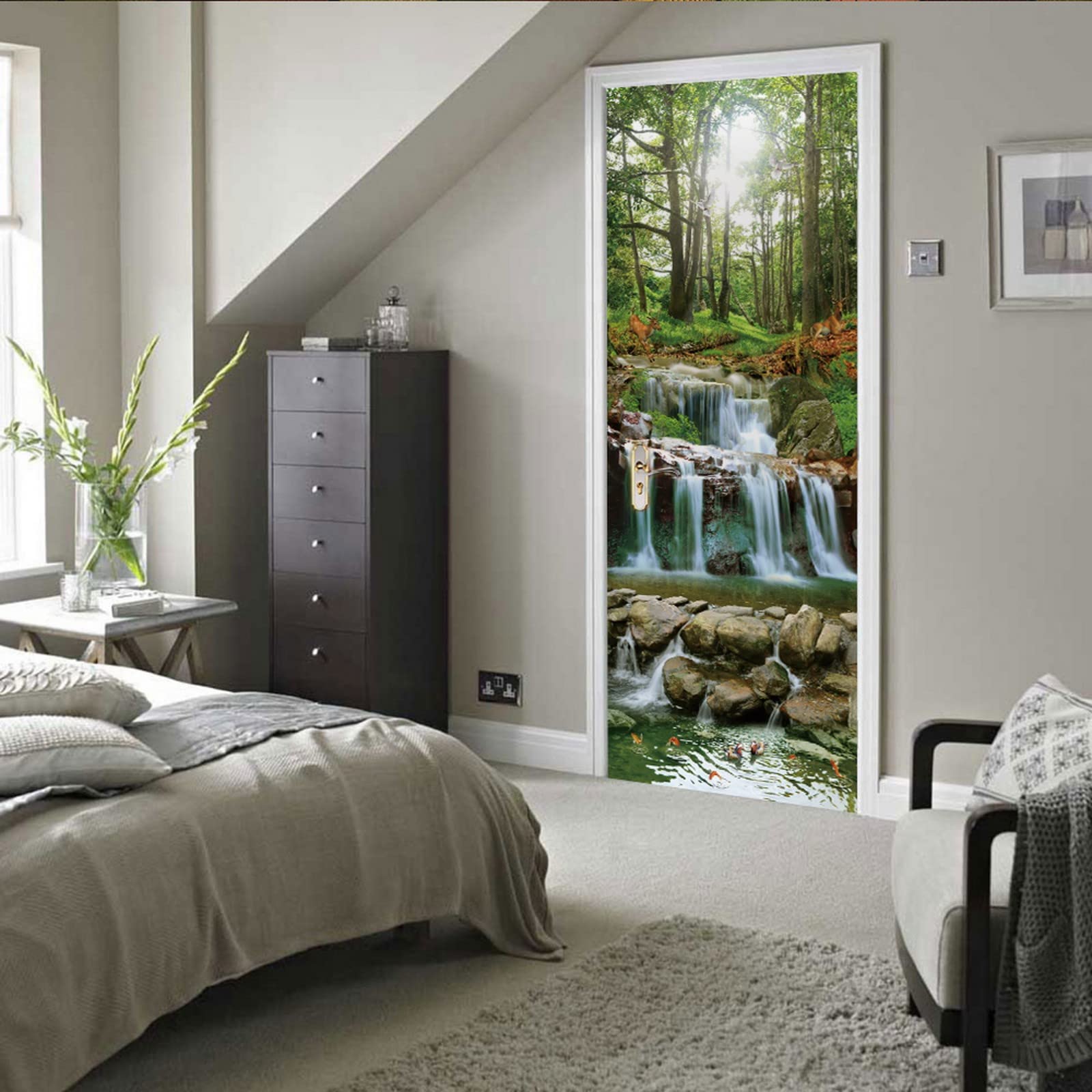 A.Monamour Pegatinas de Puerta Autoadhesivo 3D Cascada Cascada En El Bosque Con La Luz Del Sol A Través De Los Árboles Paisajes Naturales Vinilo para Puertas Mural PVC Pared Foto Poster 95 x 215 cm