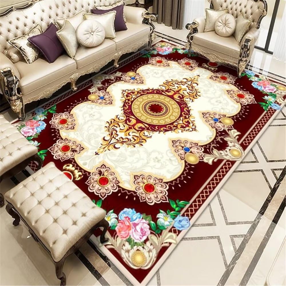 Tapis chambre à coucher rouge floral géométrique doux 140x200