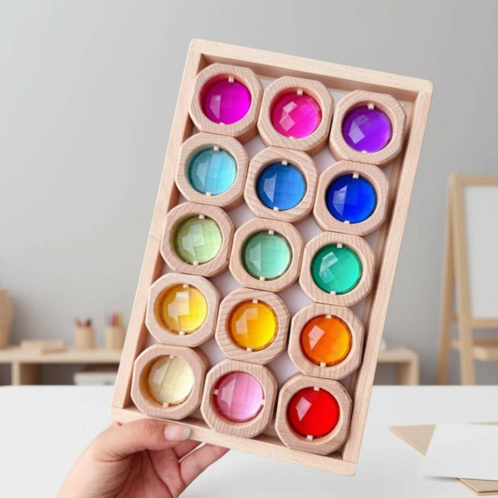 15 Piezas Bloques Acrílicos de Madera Educativo Cubos Acrílicos Transparentes Seguro Cubos de Madera Colores para Niños, Aprendizaje Temprano, Aula