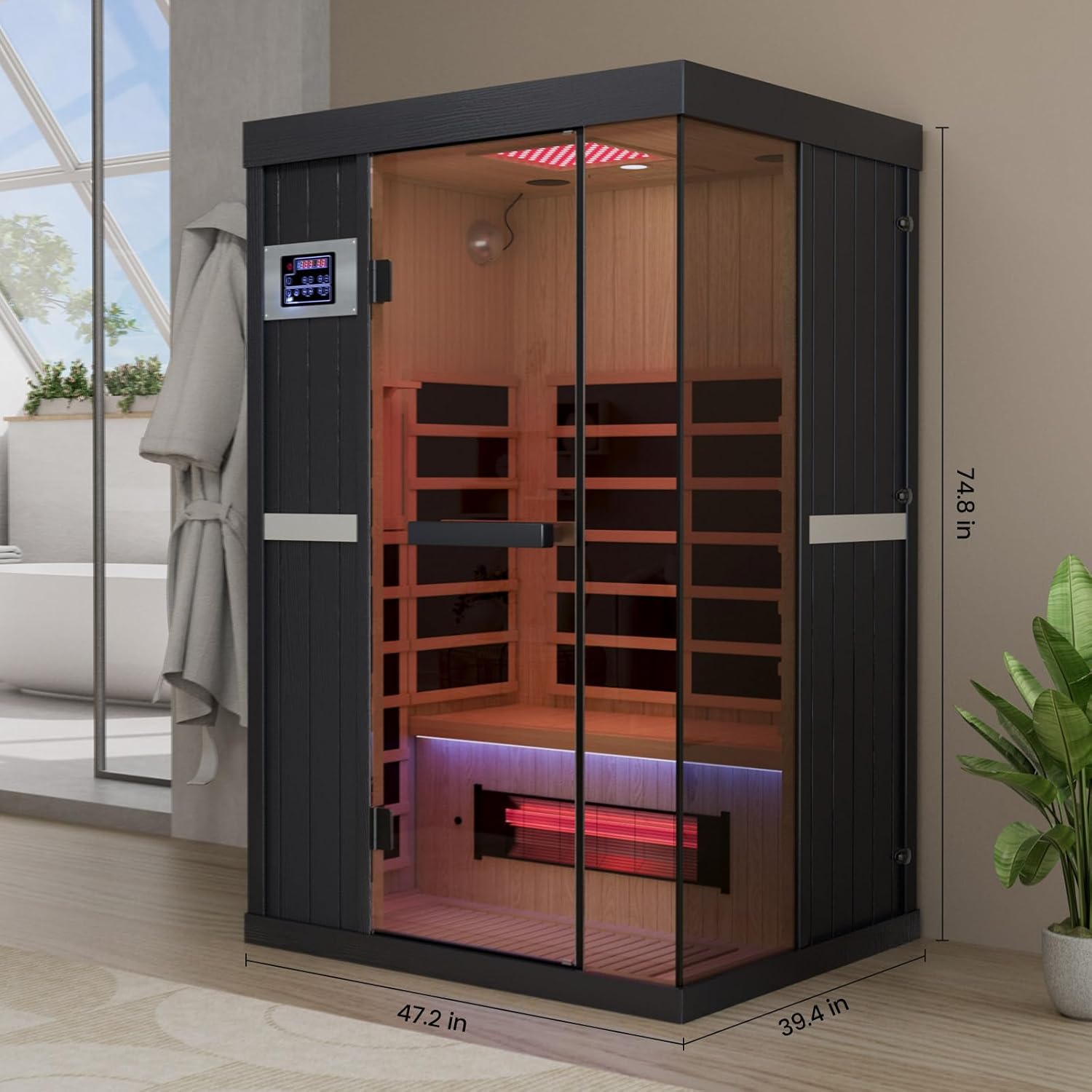 2-Person Full Spectrum Sauna, 1990W 120V with 12*12 Red Light Therapy, 2 Speakers, Indoor Dry Sauna for Home  Gym, Canadian Hemlock Wood