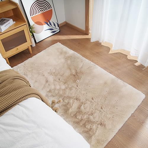 Miniatura 10 de Ghouse Alfombra de piel de conejo sintética color marrón claro beige de 6 x 9 pies, lavable a máquina, para dormitorio, sala de estar, alfombra de