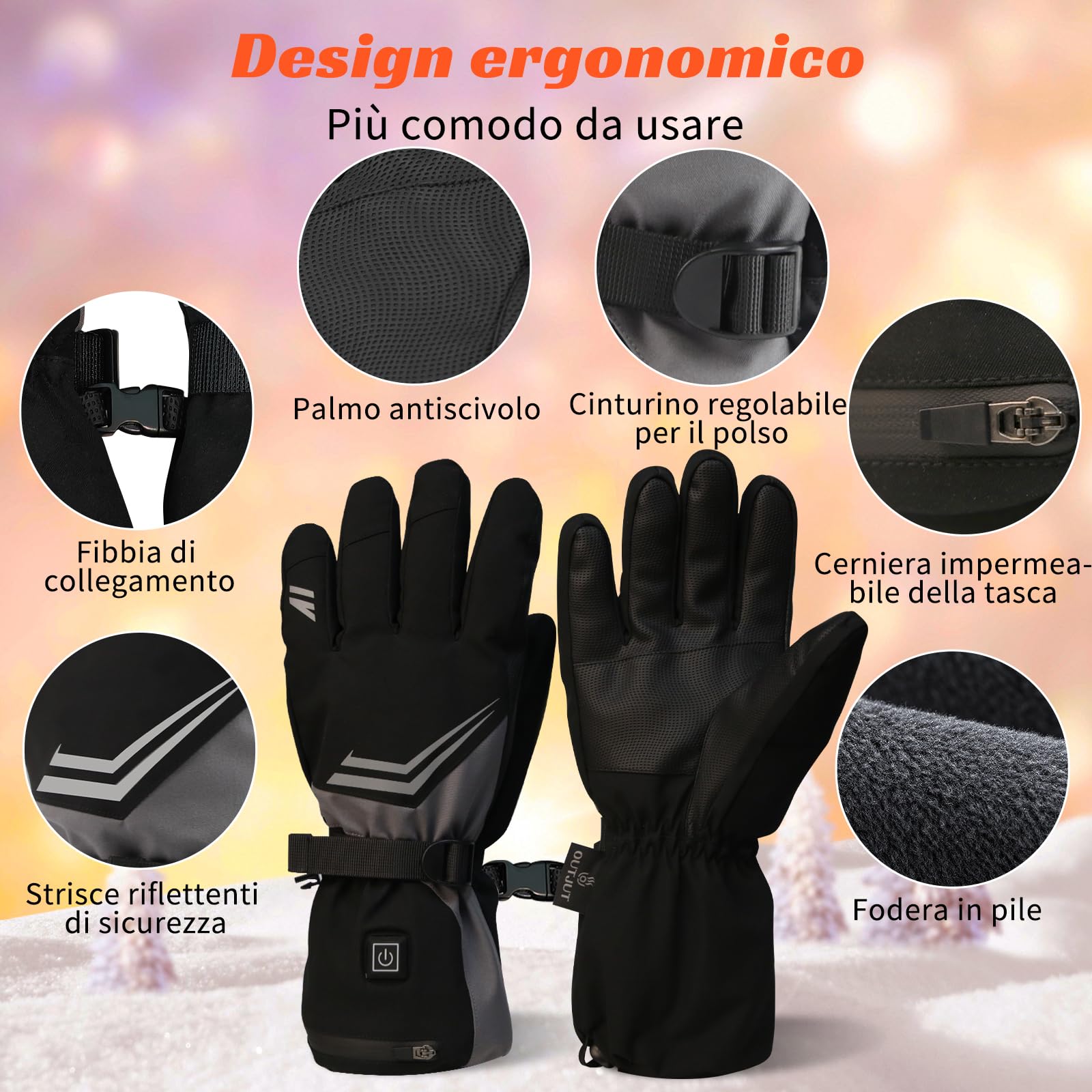 Guanti Riscaldati Ricaricabili 7500mAh, OUTJUT USB Guanti Moto Riscaldati Uomo Donna Scaldamani con Riscaldamento delle Dita 3 Impostazioni di Temperatura per la Caccia Pesca Sci, Regalo di Natale