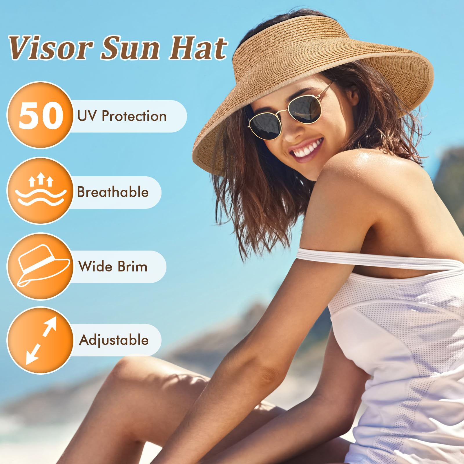 Sun Hats for Women, Wide Brim Straw Beach Hat for Women Foldable Floppy, Sun Hat UPF 50+ UV Protection