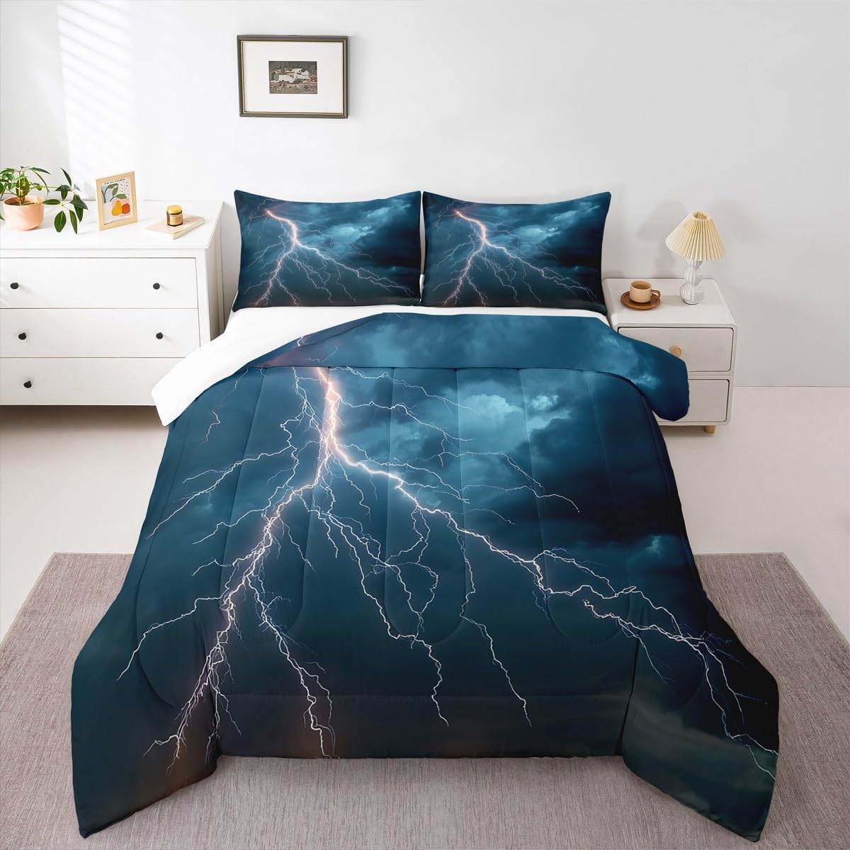 White Lightning Comforter Set Queen Kids Boys Teens Lightning Storm Room Decor Natural Weather Bedding Set,Soft Lightweight Blue Sky Duvet,Youth Young Man Quilt,1 Comforter + 2 Pillowcase