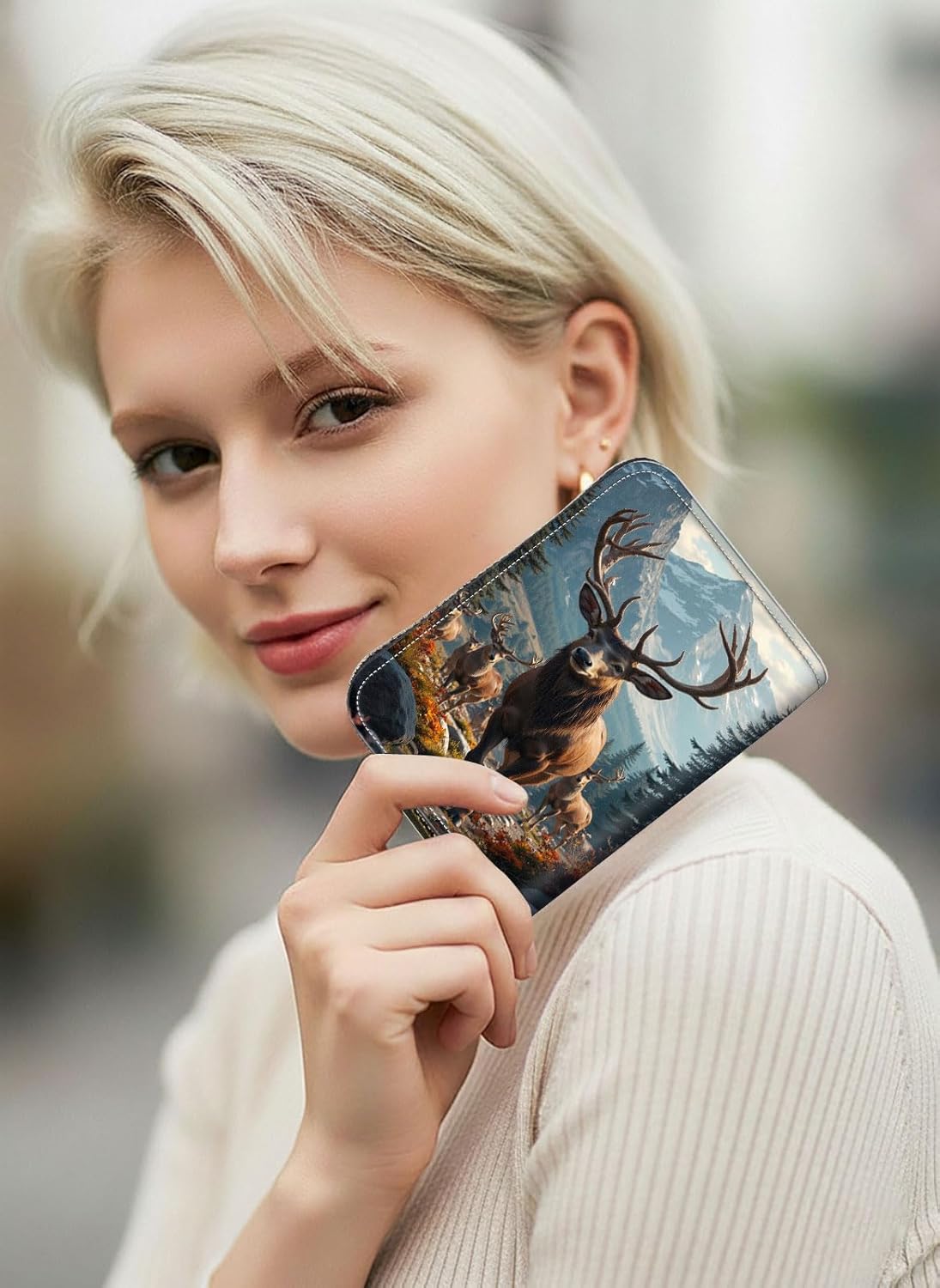 Slim Zipper Card Wallet for Women — RFID Blocking Mini Wallet, PU Leather Small Credit Card Holder & Coin Pocket, Travel-Friendly Card Organizer, Deer