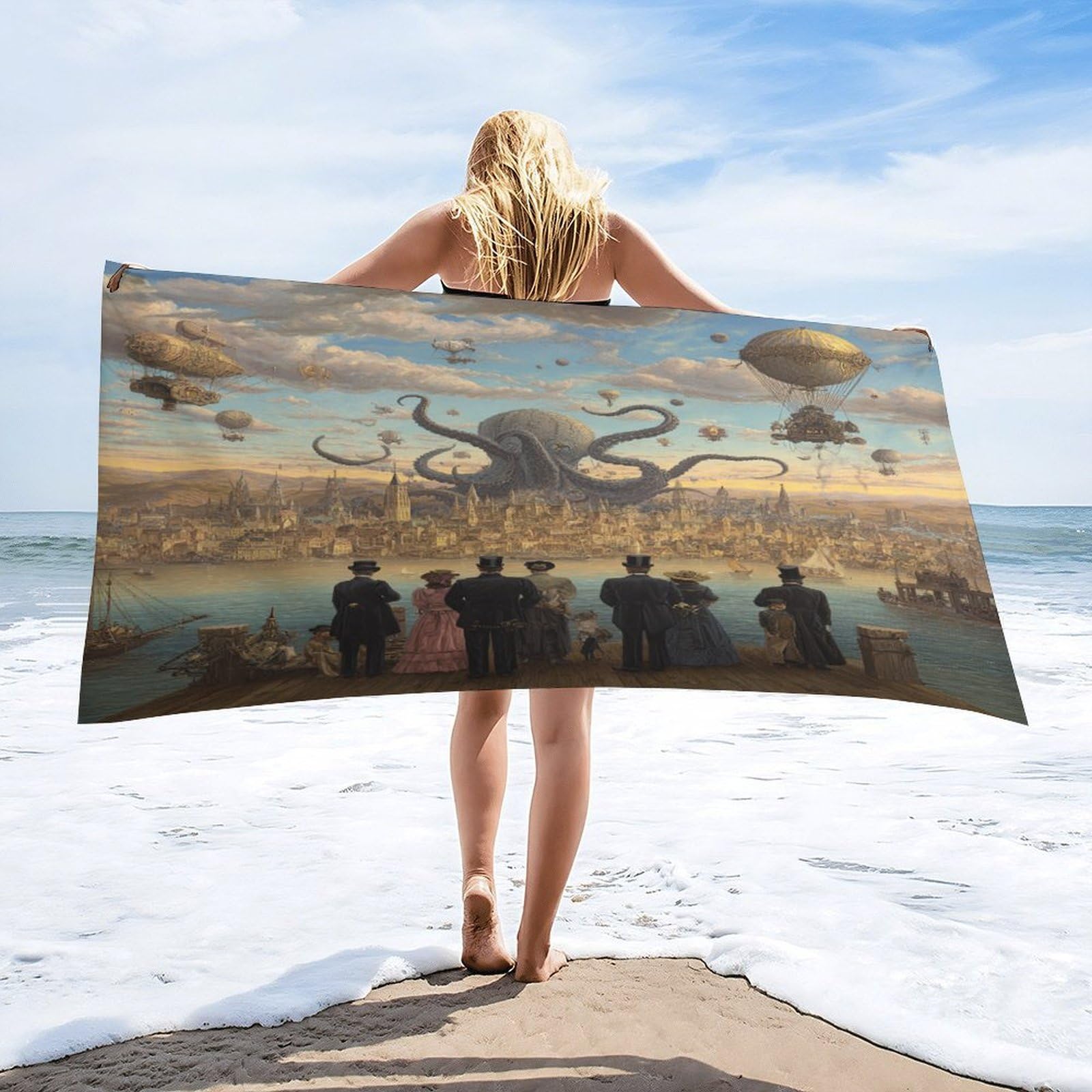 Luyysky Retro Aesthetic Sea Octopus Absorbent Beach Towel, Abstract Steampunk Nautical Ocean Animal Octopus Hot Air Balloon Outdoor Single-Sided Velvet Beach Towel-80 W Cm X 160" L Cm