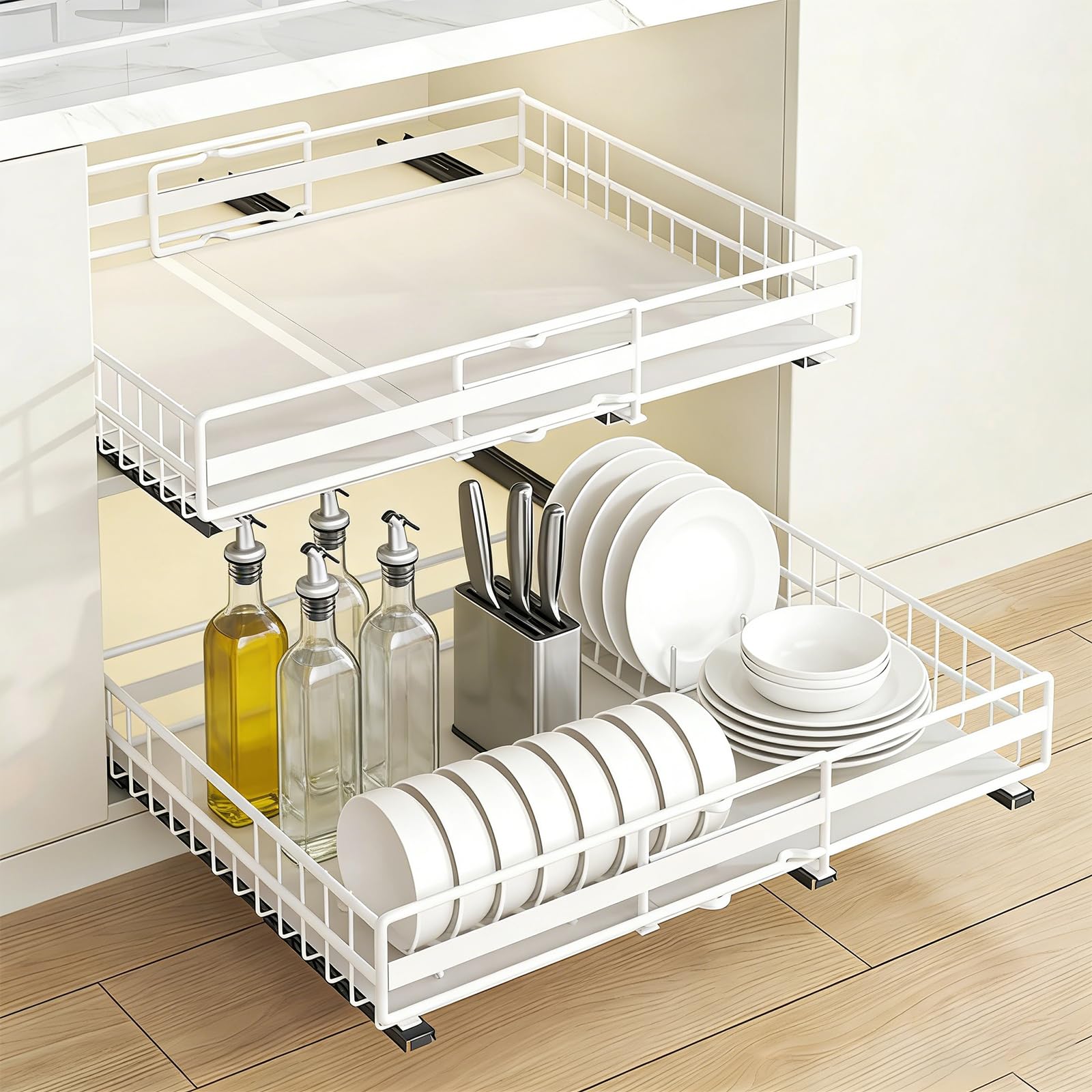 LANTUS Cesto Coulissan, porta spezie per bancone da cucina, organizer per bagno, cucina, ufficio, (31-49 cm e 32-51 cm) bianco