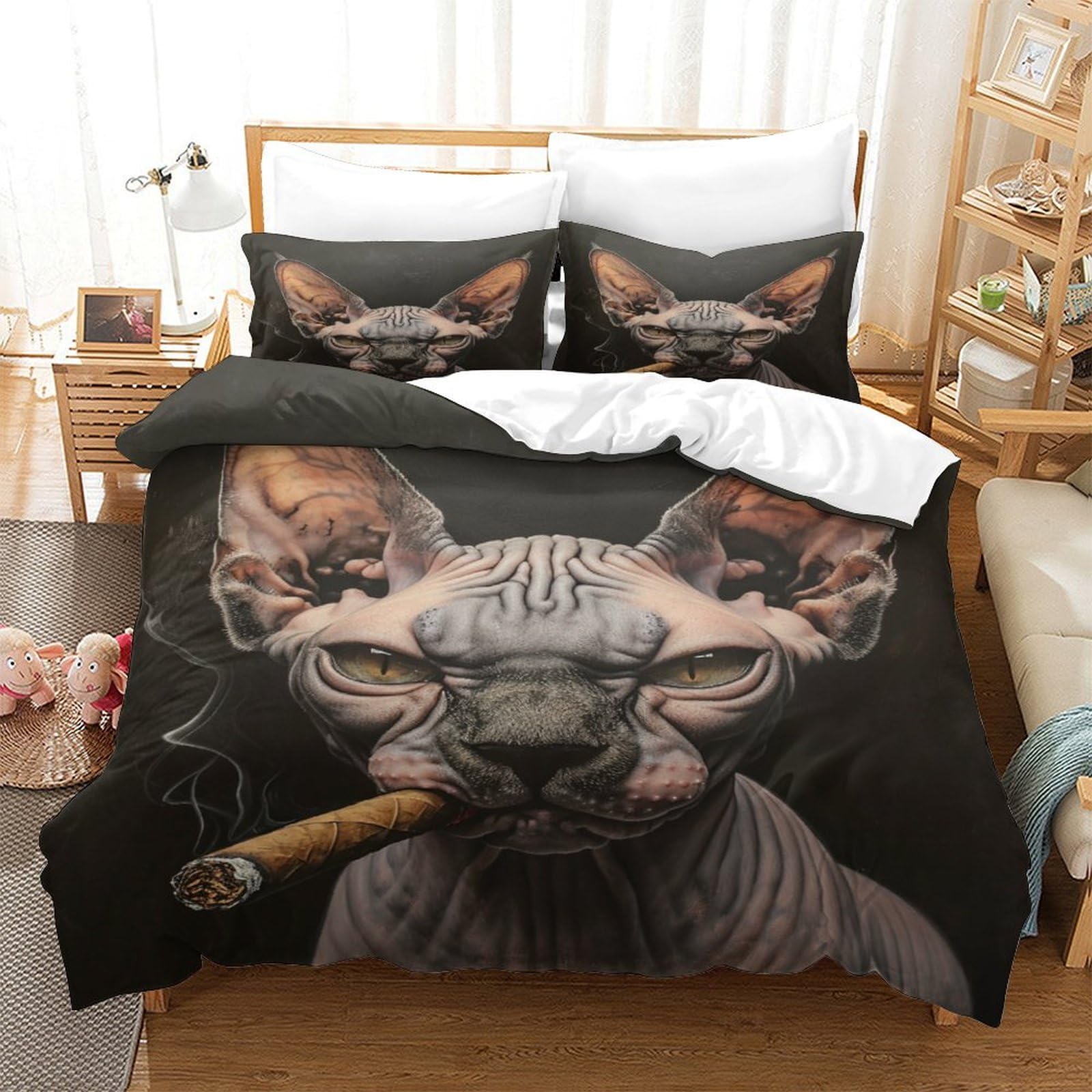 Housse de couette chat siamois 260x220 cm en microfibre avec 2 taies d'oreiller