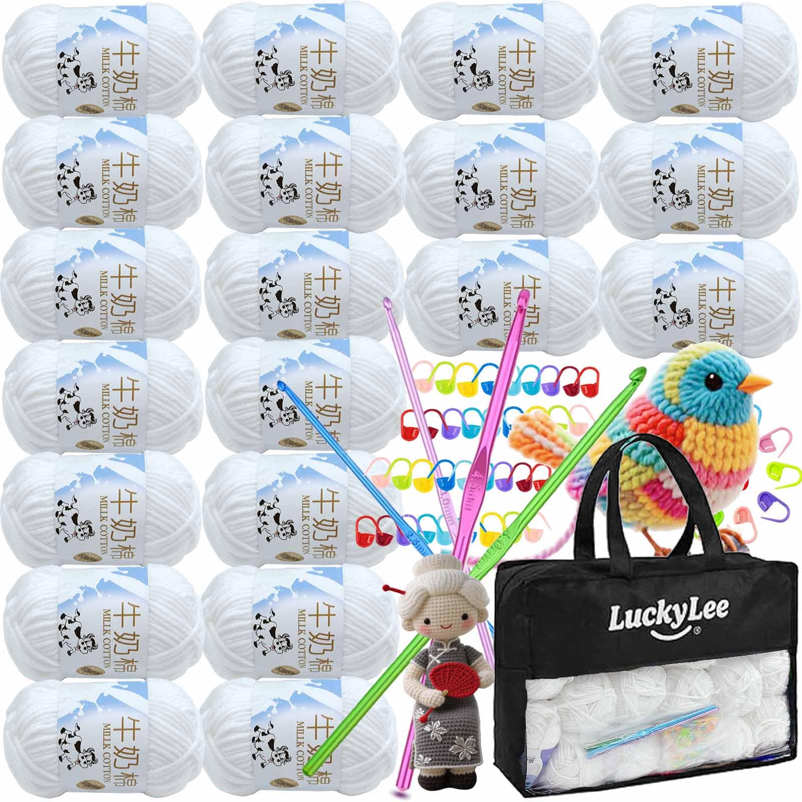 Double Knitting Wool, 20 x 50g Acrylic Crochet Yarn for Knitting, Double Knit Acrylic Wool Super Soft Crochet Yarn with Carry Bag, Crochet Hooks for Blankets, Baby Clothes, Hats, Gloves (White)
