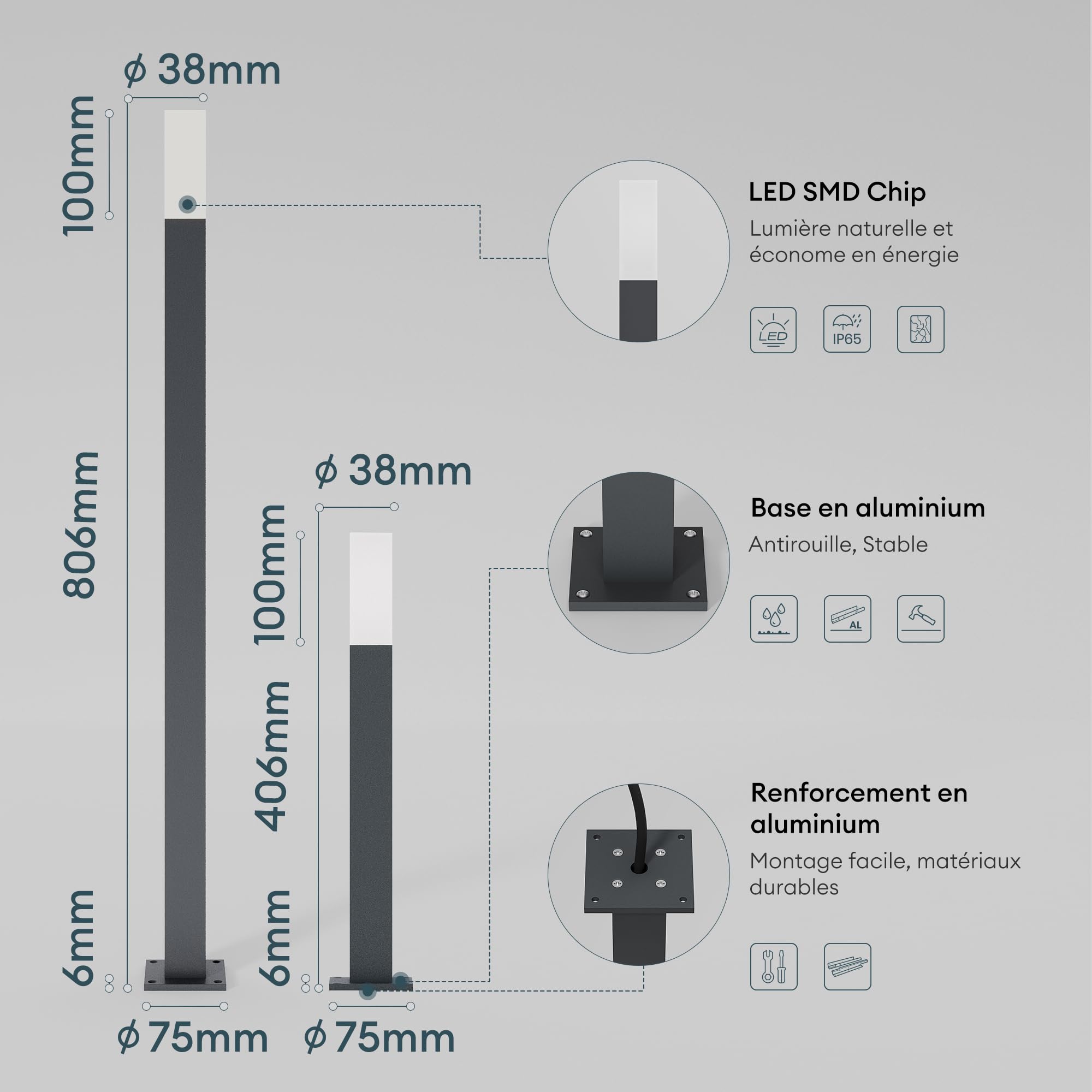 Mai & Mai Lampe sur Pied Extérieur LED IP65 38x38x806mm Gris foncé